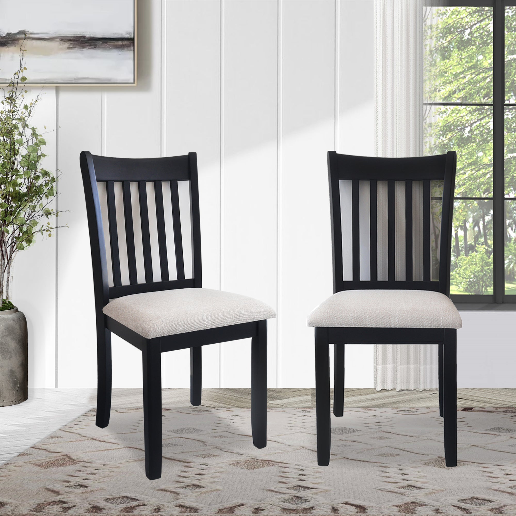 Dining Room Furniture Black Finish Set of 2 Seating Chairs Cushion Seats Wooden Back Kitchen Breakfast Chairs