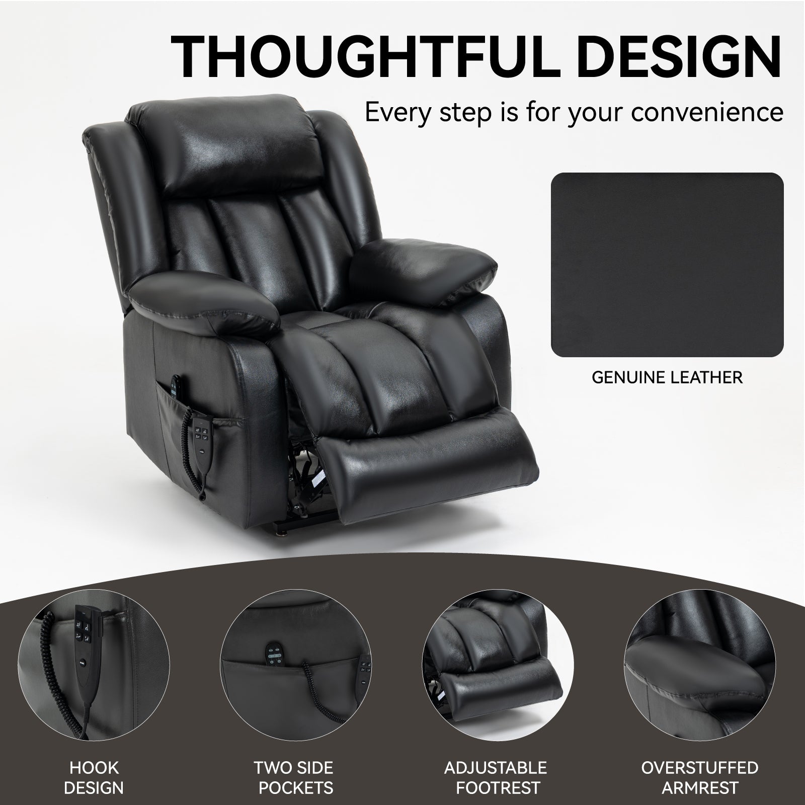 Dual Motor Infinite Position Up to 350 LBS Electric Medium size Genuine Leather Black Power Lift Recliner Chair with 8-Point Vibration Massage and Lumbar Heating