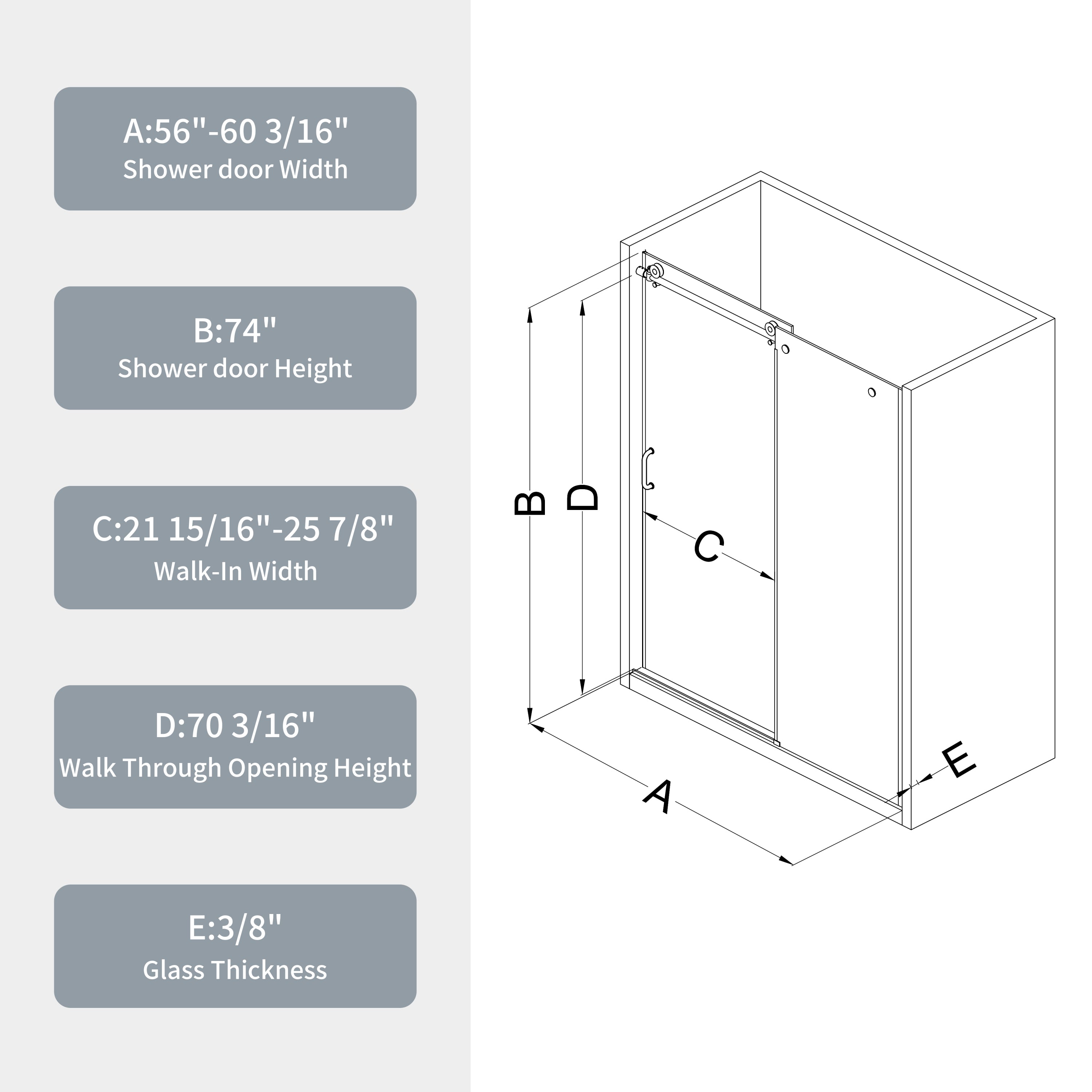 56-60"W x 74"H Glass shower door, sliding door, with 5/16" tempered glass