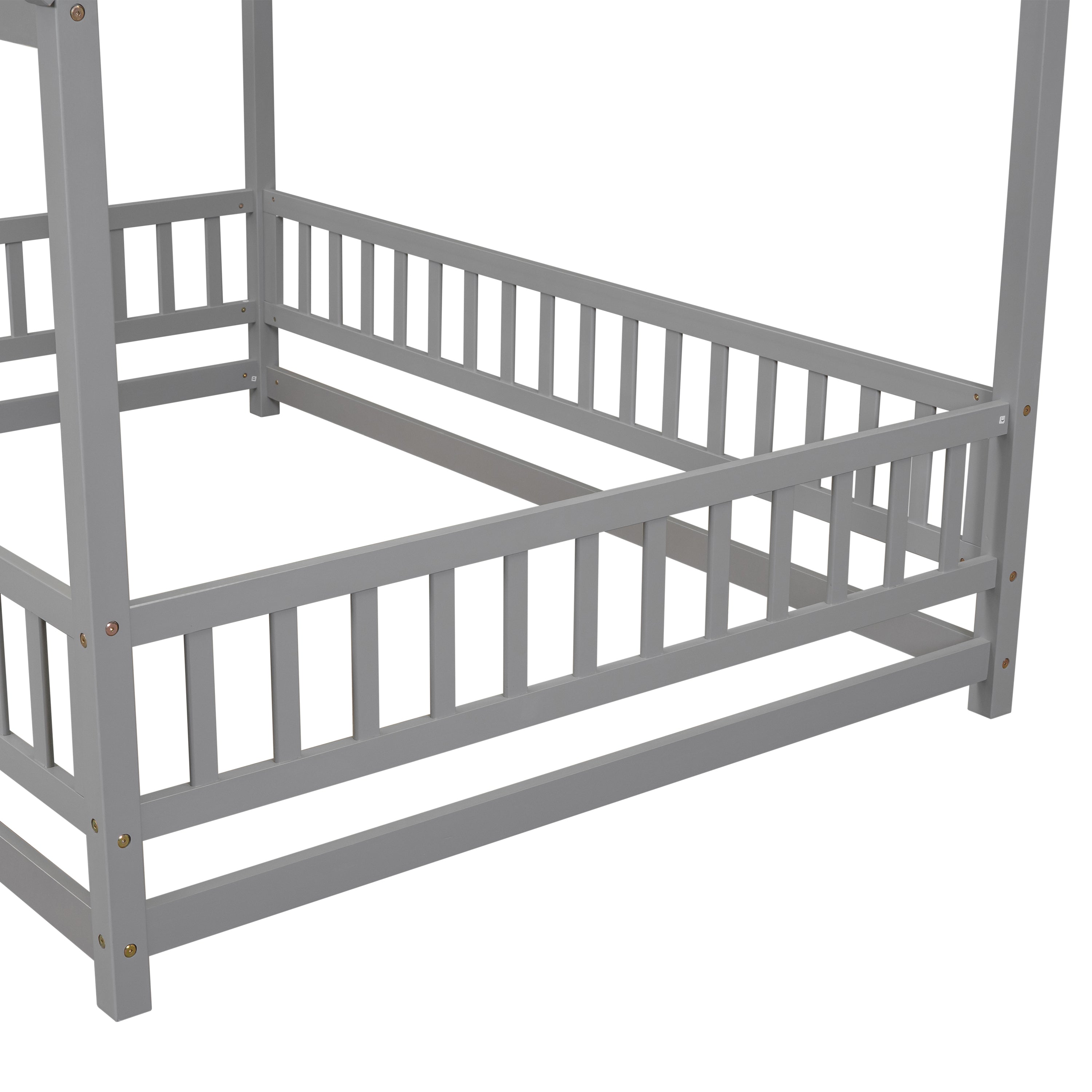 Full Size Floor Wooden Bed with House Roof Frame, Fence Guardrails ,Grey