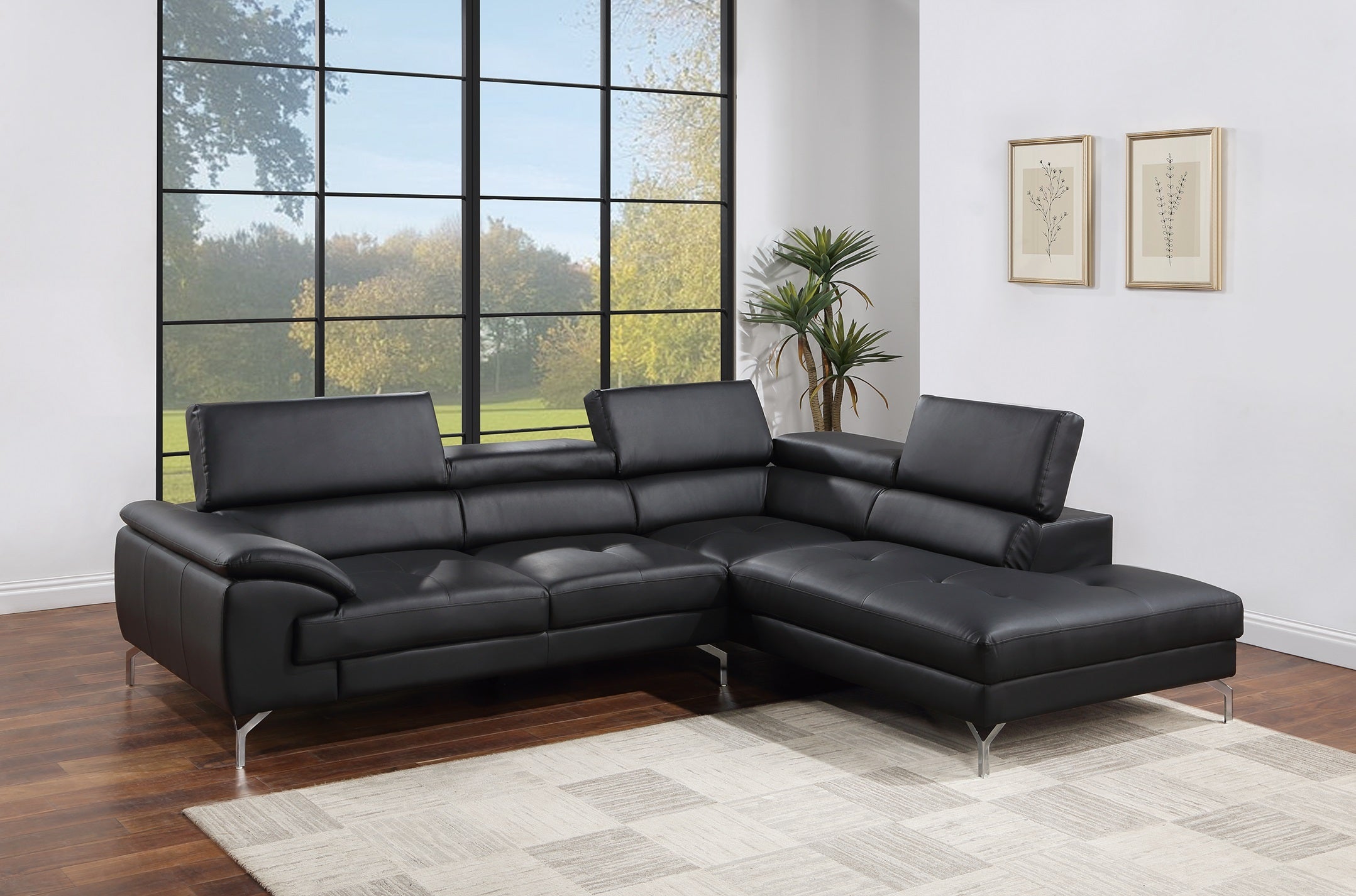 Black Color Sectional Couch 2pc Set Living Room Furniture Faux Leather Right Facing Chaise And Left Facing Sofa Metal Legs