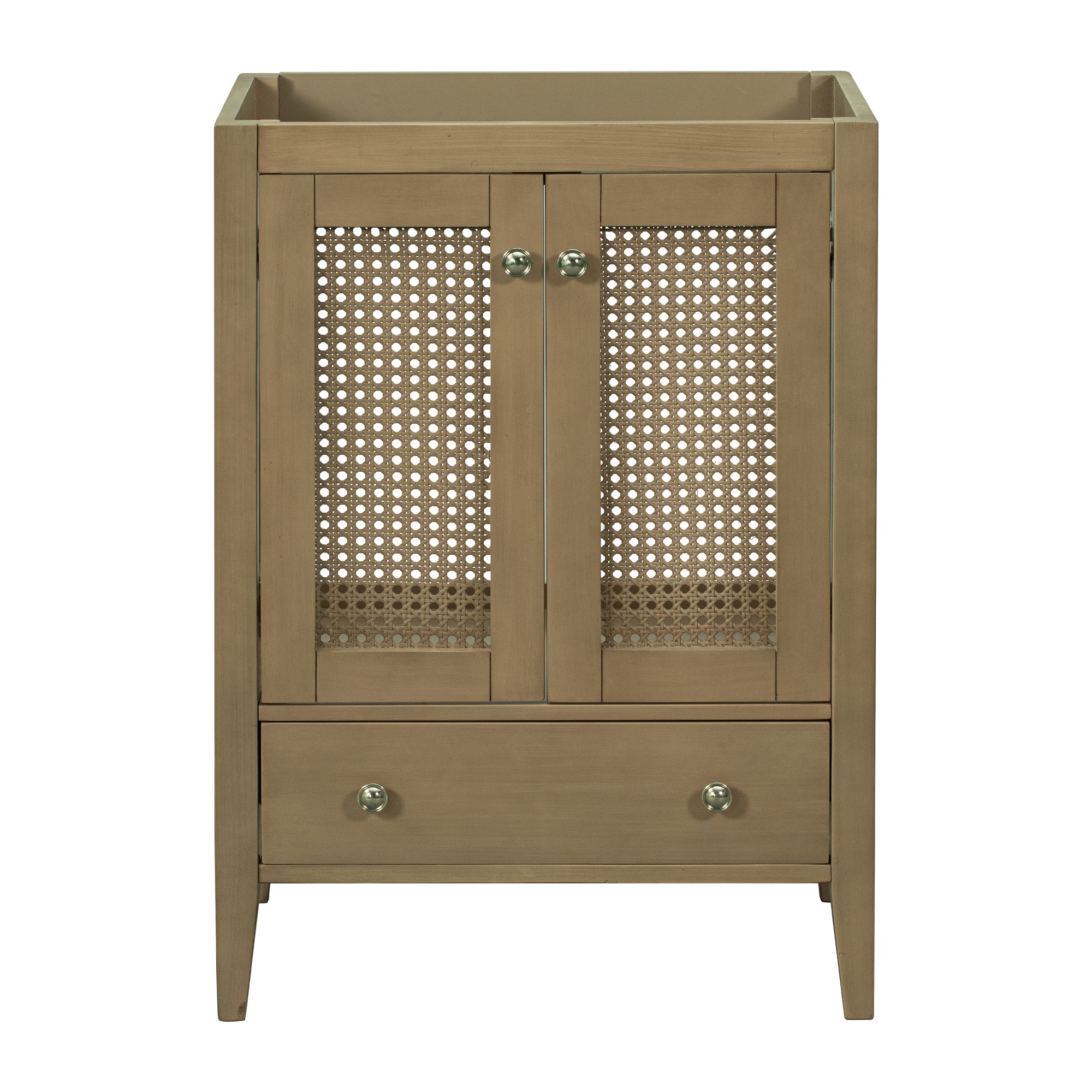 24" Bathroom Vanity without Sink, Base Only, Rattan Cabinet with Doors and Drawer, Solid Frame and MDF Board, Natural