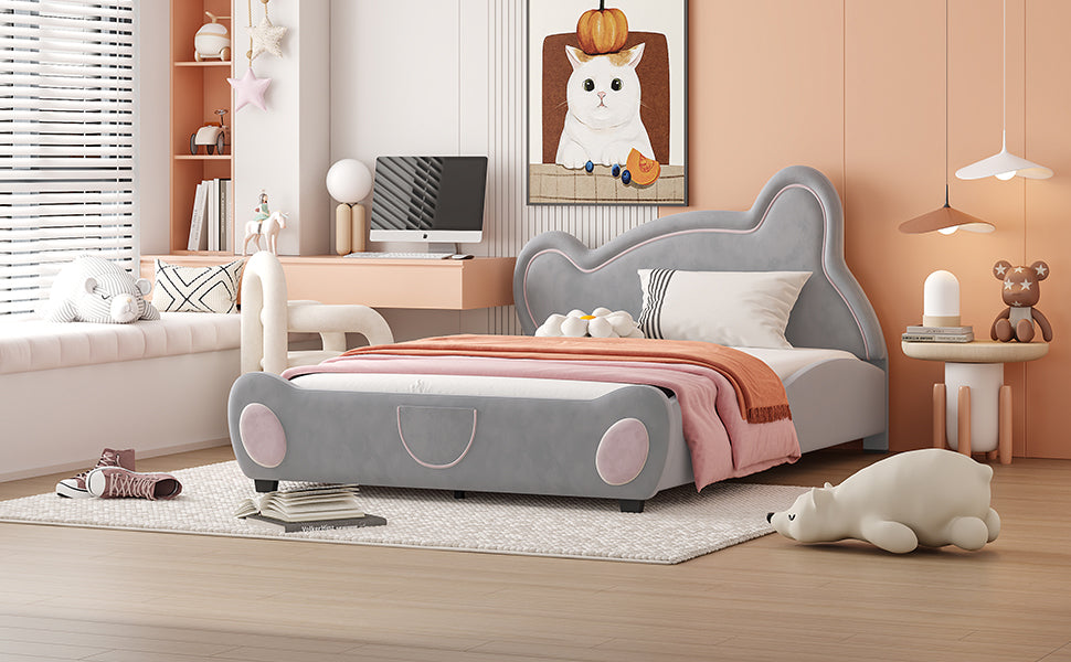 Full Size Velvet Platform Bed with Bear-Shaped Headboard, with Bed-End Storage Pocket, Gray