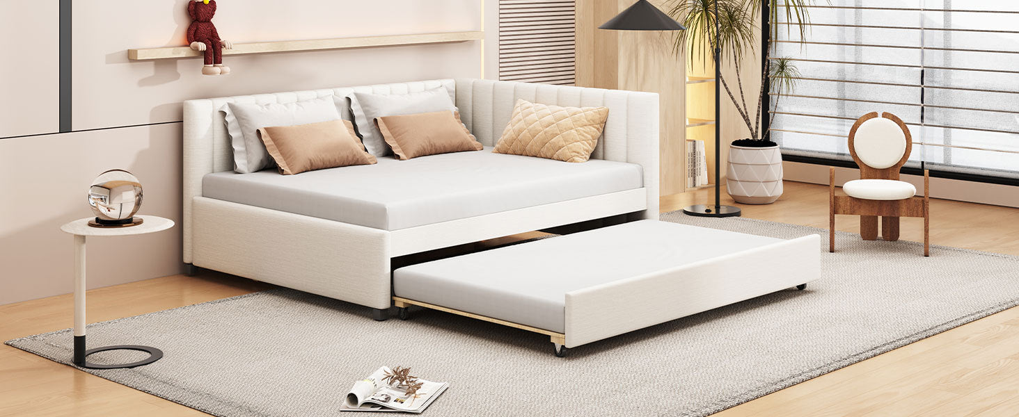 Full Size Upholstered Daybed with Trundle Sofa Bed Frame No Box Spring Needed, Linen Fabric(Beige)