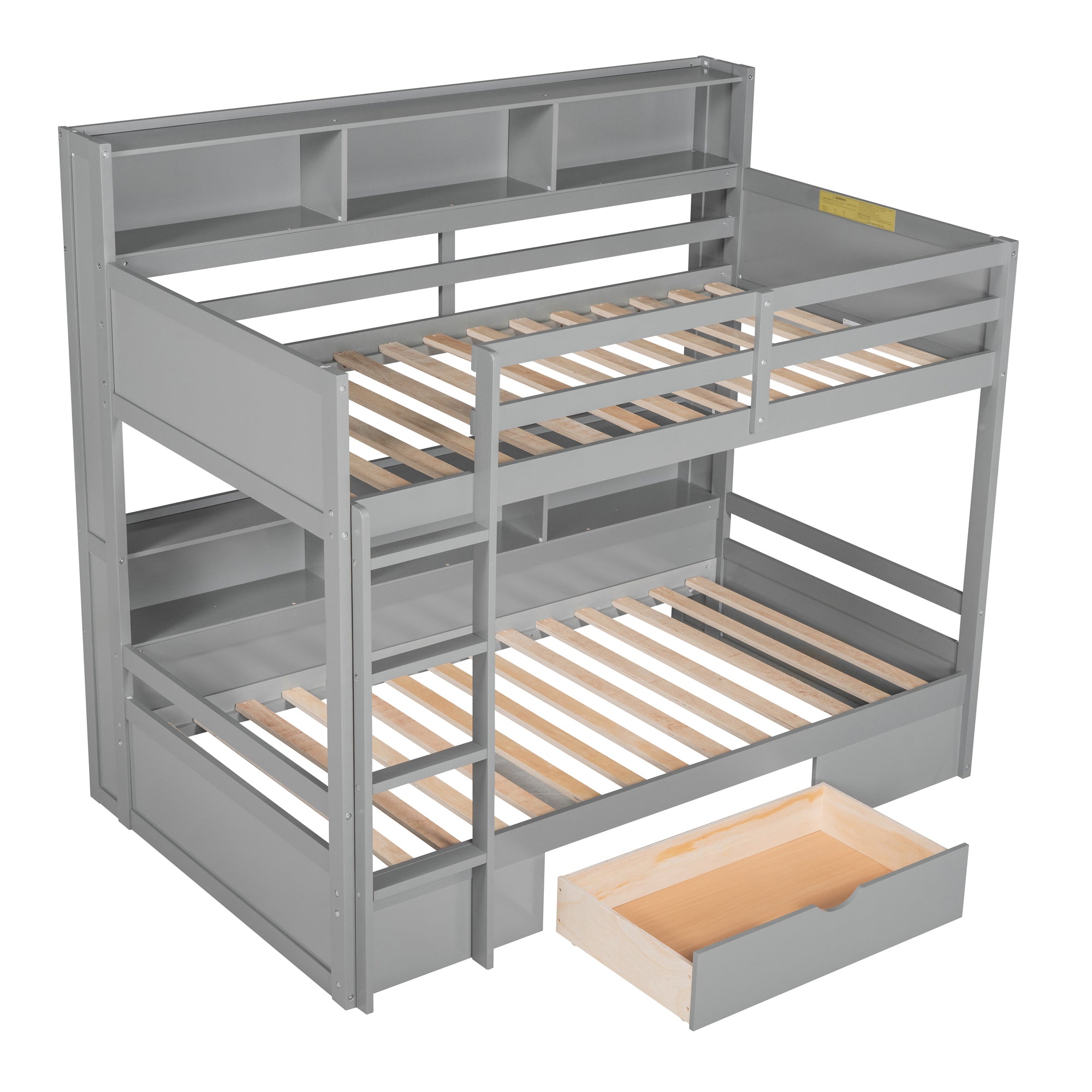 Twin Size Bunk Bed with Built-in Shelves Beside both Upper and Down Bed and Storage Drawer,Gray