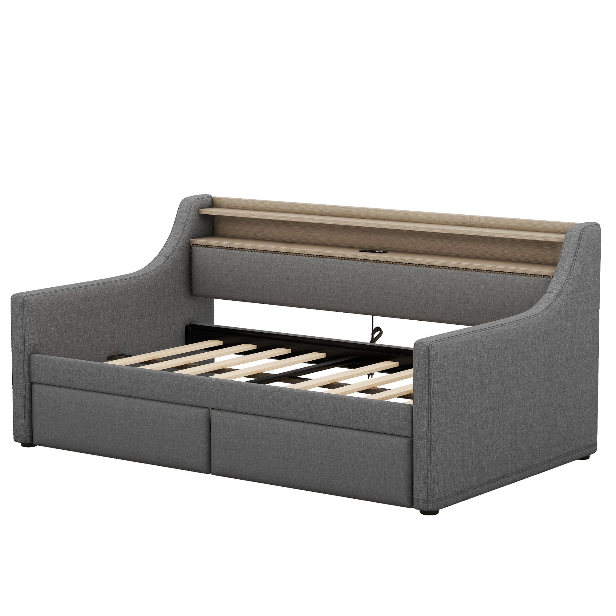 Twin Size Daybed with Storage Drawers, Upholstered Daybed with Charging Station and LED Lights, Gray(Old Item W1580S00023)