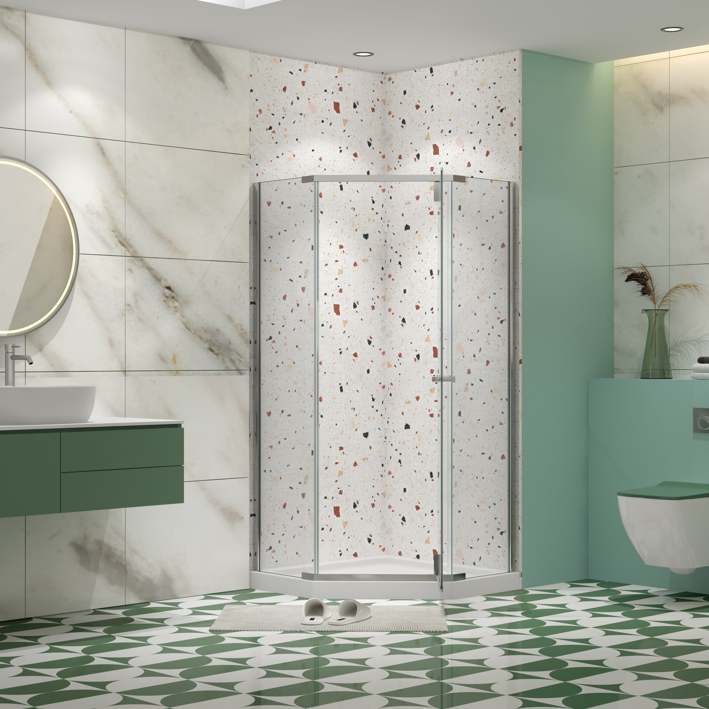 34.75 x 72 in neo-angle pivot shower enclosure chrome installed view