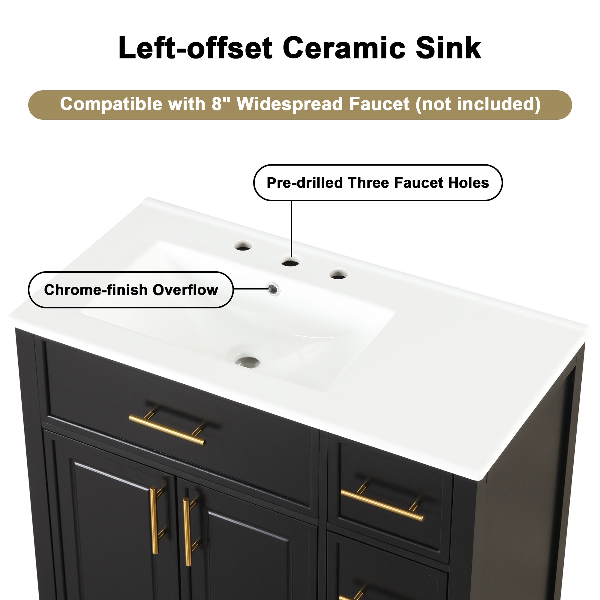 36" Bathroom Vanity with Sink Top, Bathroom Vanity Cabinet with Two Doors and Three Drawers, Solid Wood , MDF Boards ,One Package, Black