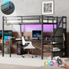 Full XL Size Loft Bed with L-shaped Desk and USB, Metal Loft Bed with Wardrobe and Adjustable Shelf, High Loft Bed with LED for Kids Teens Adults, Black(Expect Arrive 2024/10/10)