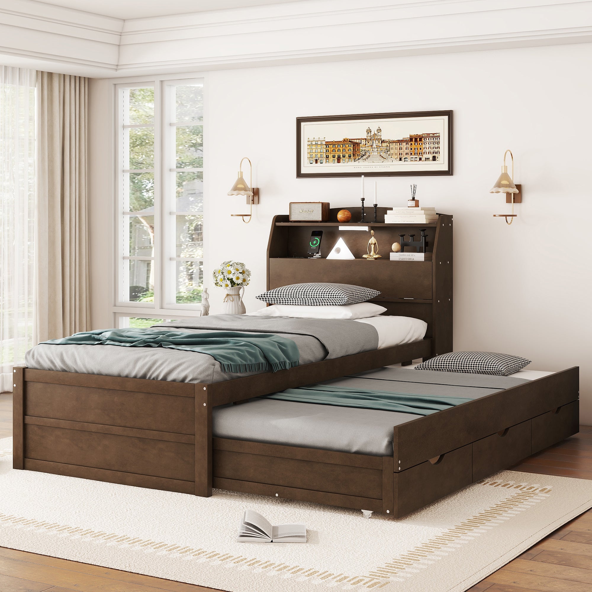 Twin Size Wooden LED Platform Bed with Trundle, with Storage Headboard, with Drawers, Brown