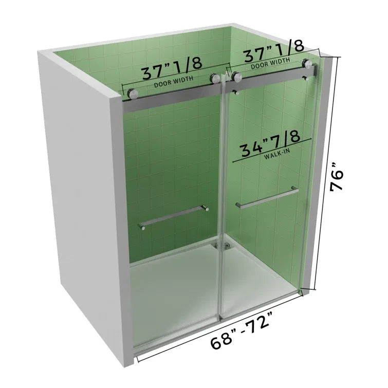 68 to 72 in. W x 76 in. H Double Sliding Frameless Soft-Close Shower Door with Premium 3/8 Inch (10mm) Thick Tampered Glass and Easy-cleaning Coating, 22D02-72BN Brushed Nickel