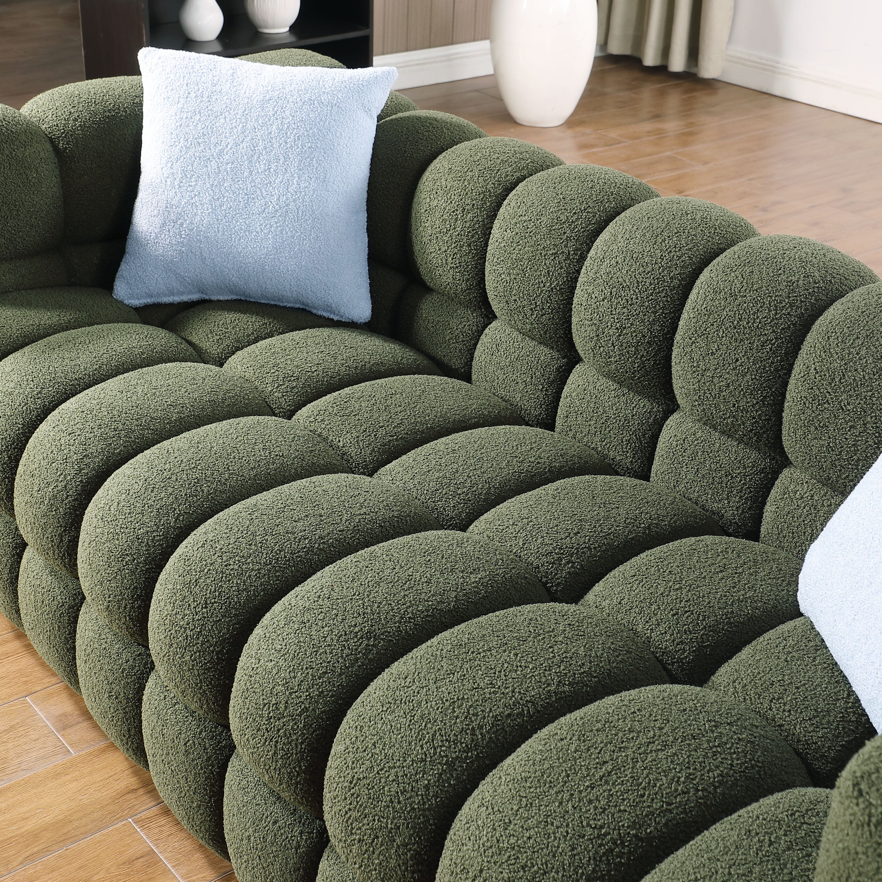 84.3 length ,35.83" deepth ,human body structure for USA people,  marshmallow sofa,boucle sofa ,3 seater, OLIVE GREEN BOUCLE