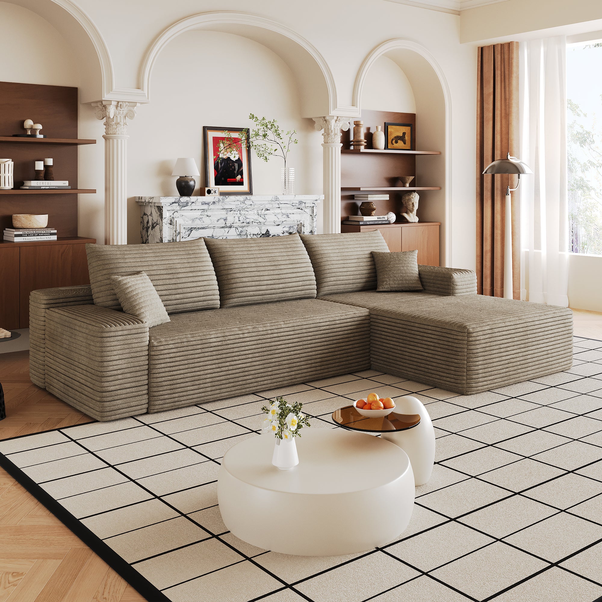 Camel corduroy sectional sofa with chaise, 107 inch, angled view