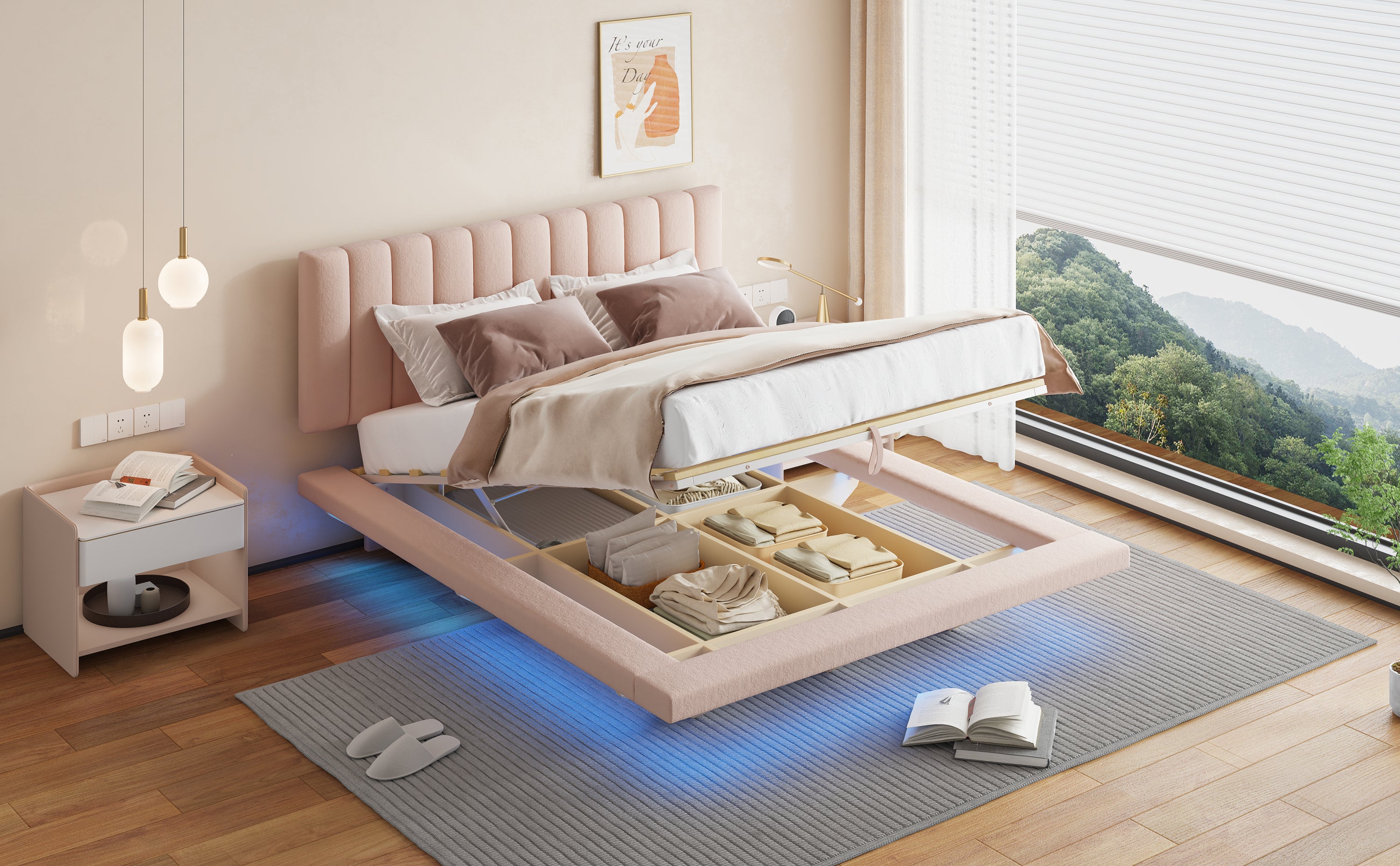 Queen Size Upholstered Floating Bed with LED Light and USB Port, Velvet, Pink, Hydrualic Platform Bed