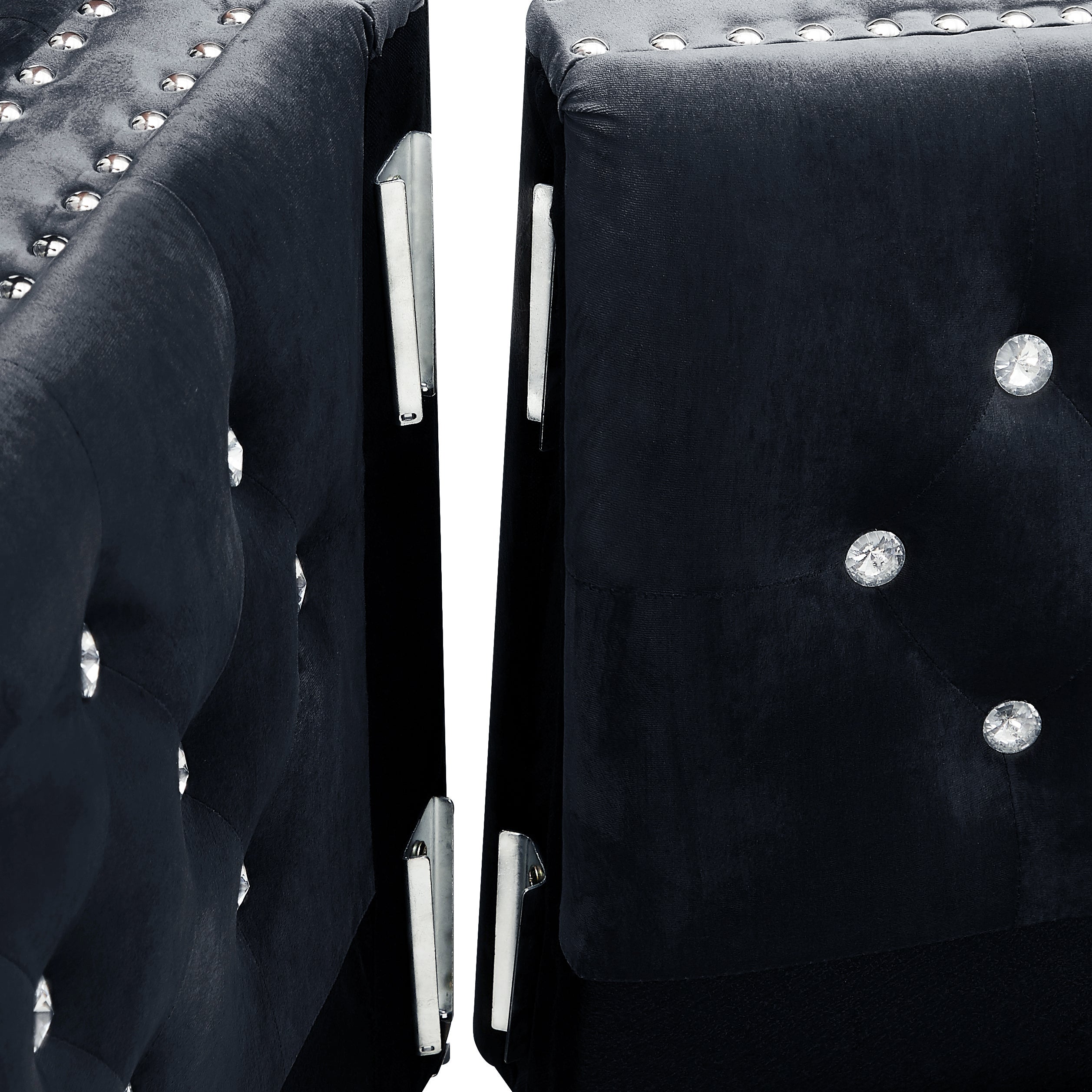 82.3" Width Modern Velvet Sofa Jeweled Buttons Tufted Square Arm Couch Black,2 Pillows Included