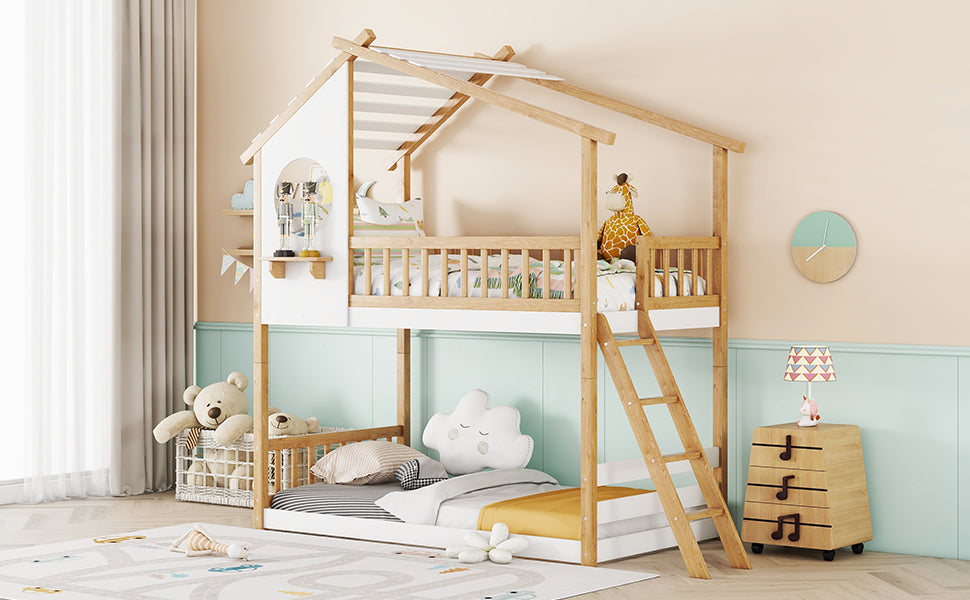 Twin Over Twin Bunk Bed Wood Bed with Roof, Window, Ladder,Natural(OLD SKU :LT100008AAD)