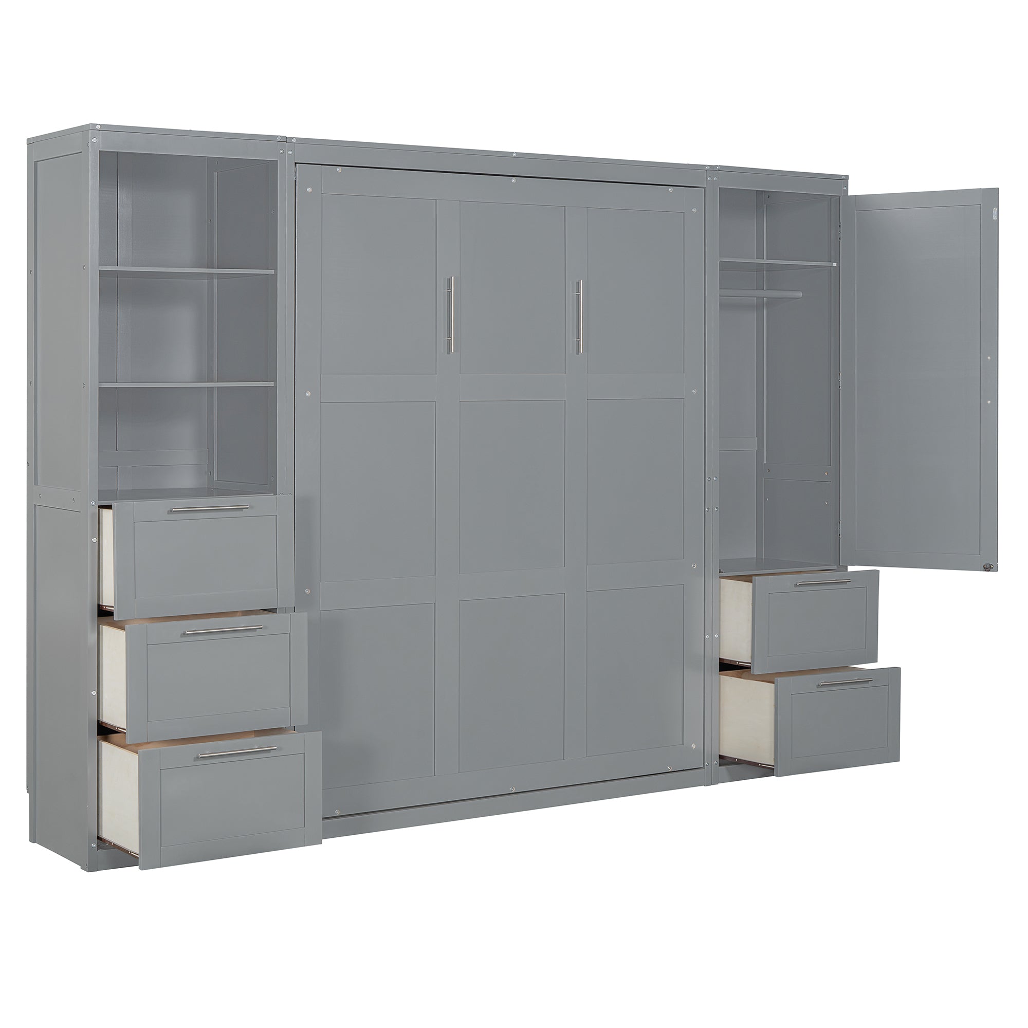 Queen Size Murphy Bed Wall Bed with Closet ,Drawers and Shelves,Gray