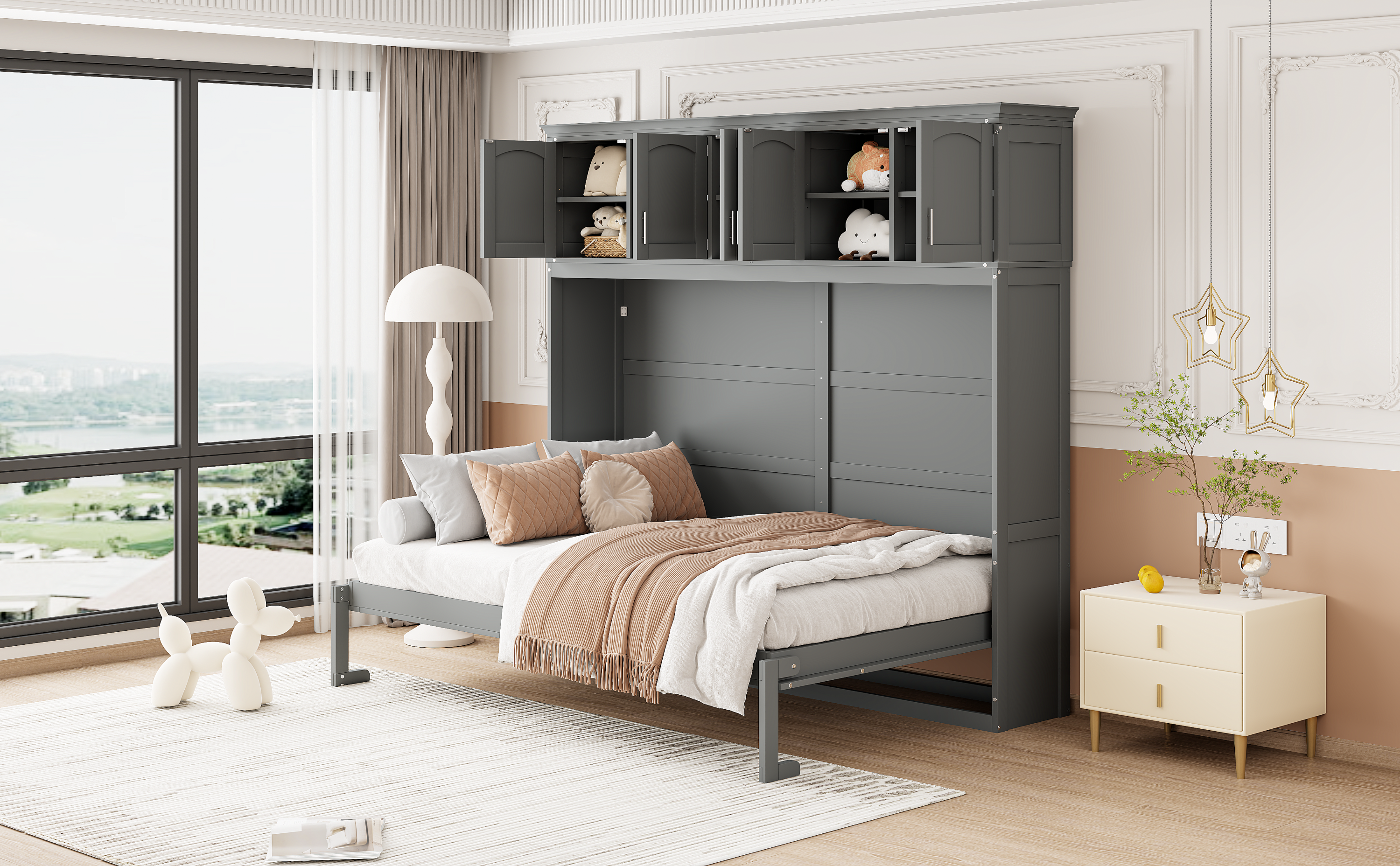 Queen Size Murphy Bed Wall Bed with Top Cabinets,Gray