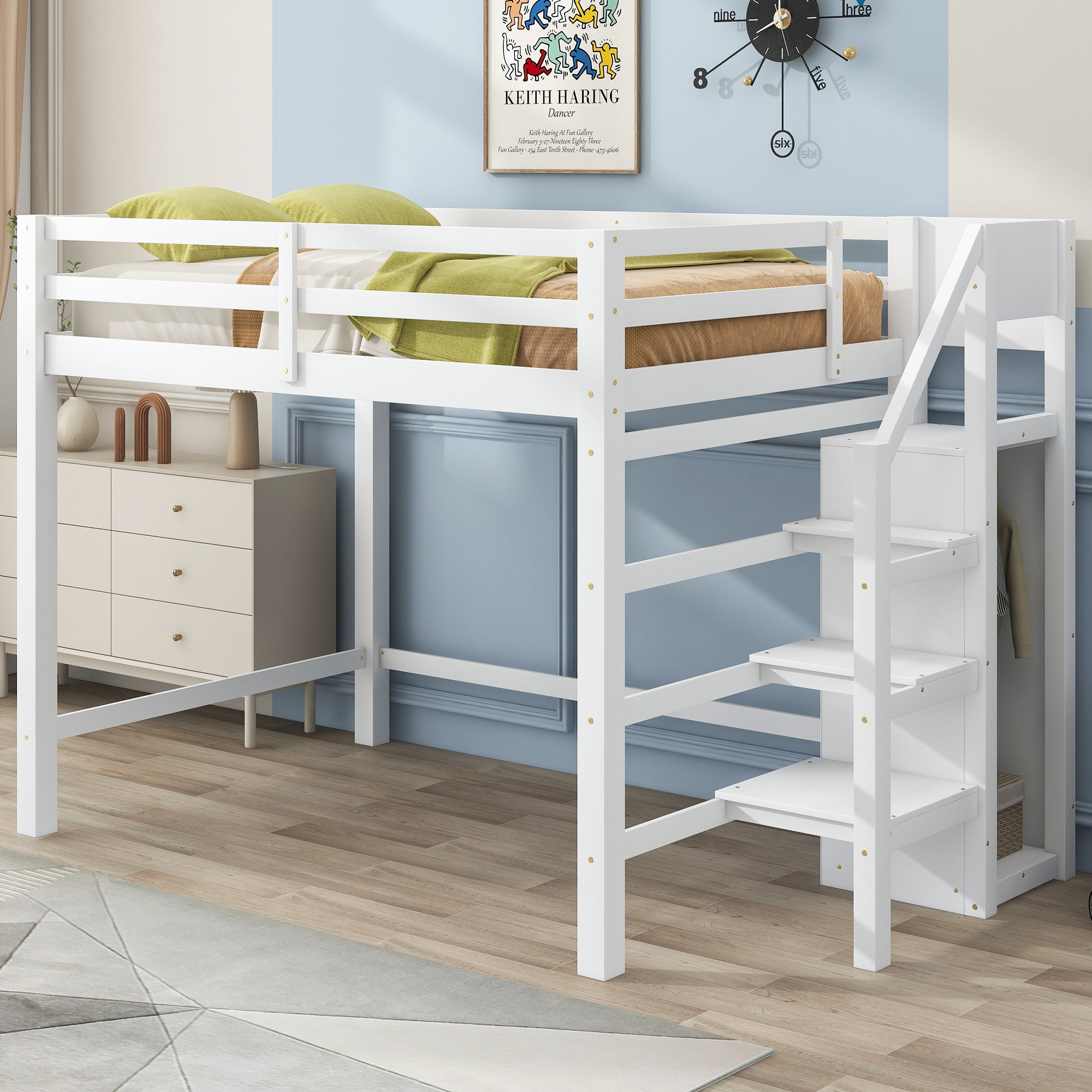 Full Size Loft Bed with Built-in Storage Wardrobe and Staircase, White