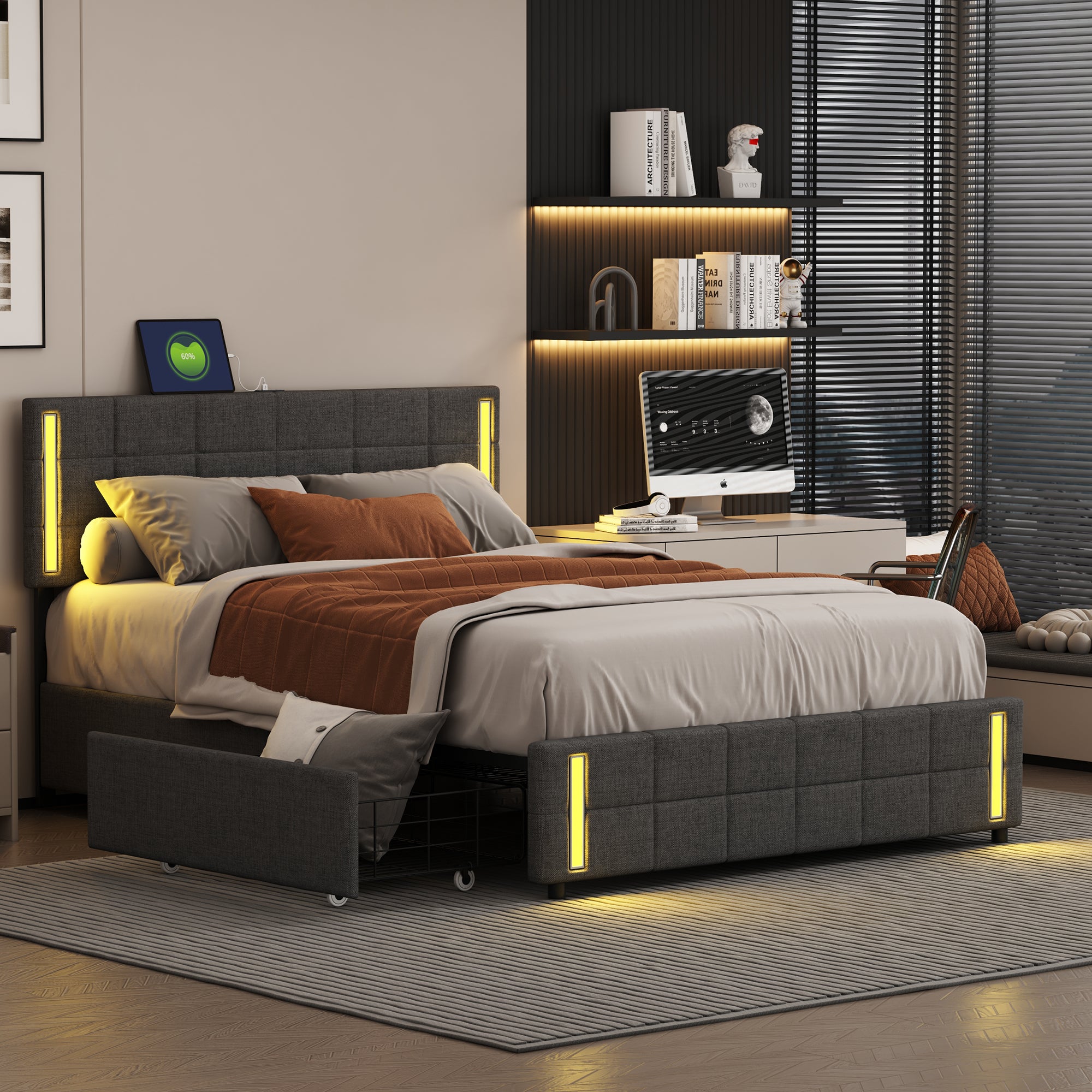 Queen Size Upholstered Platform Bed with LED Lights and USB Charging, Storage Bed with 4 Drawers, Gray(Linen)