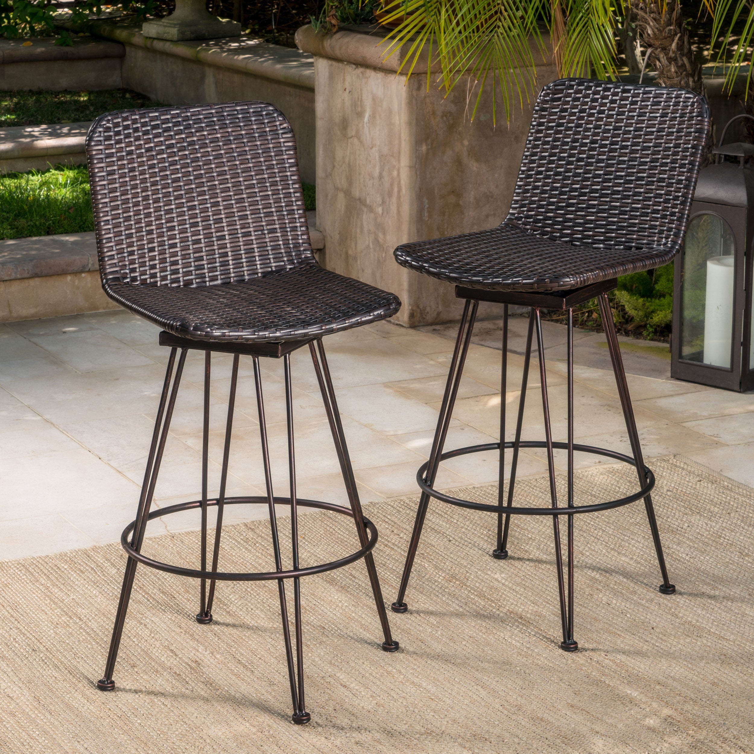 28" Outdoor PE Rattan Barstools with Black Brush Copper Iron Frame, Multibrown (Set of 2)