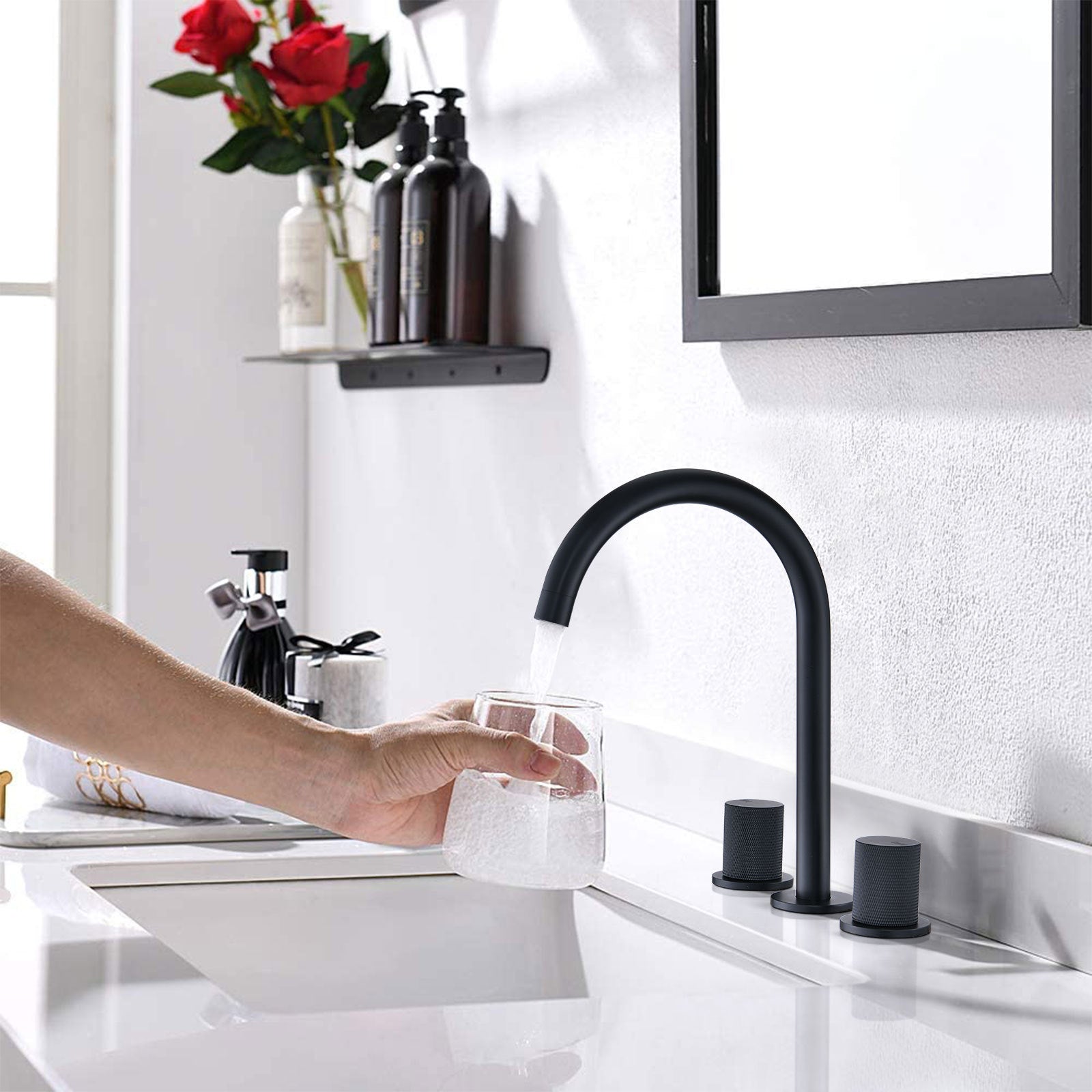 Two Handles Widespread 8 Inch Bathroom Faucet, Matte Black