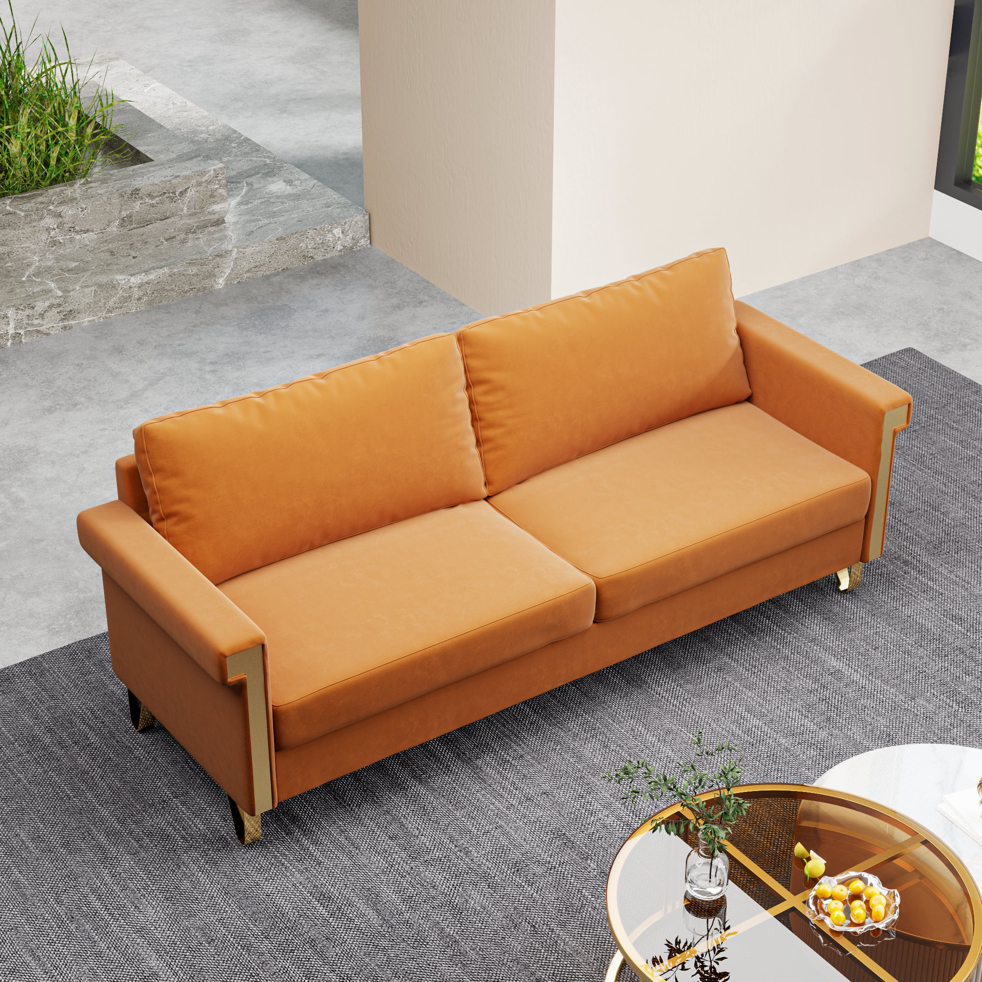 76.34in Wide Modern Orange Velvet Sofa Stylish Living Room Furniture with Gold Metal Legs and Deep Cushions for Maximum Comfort