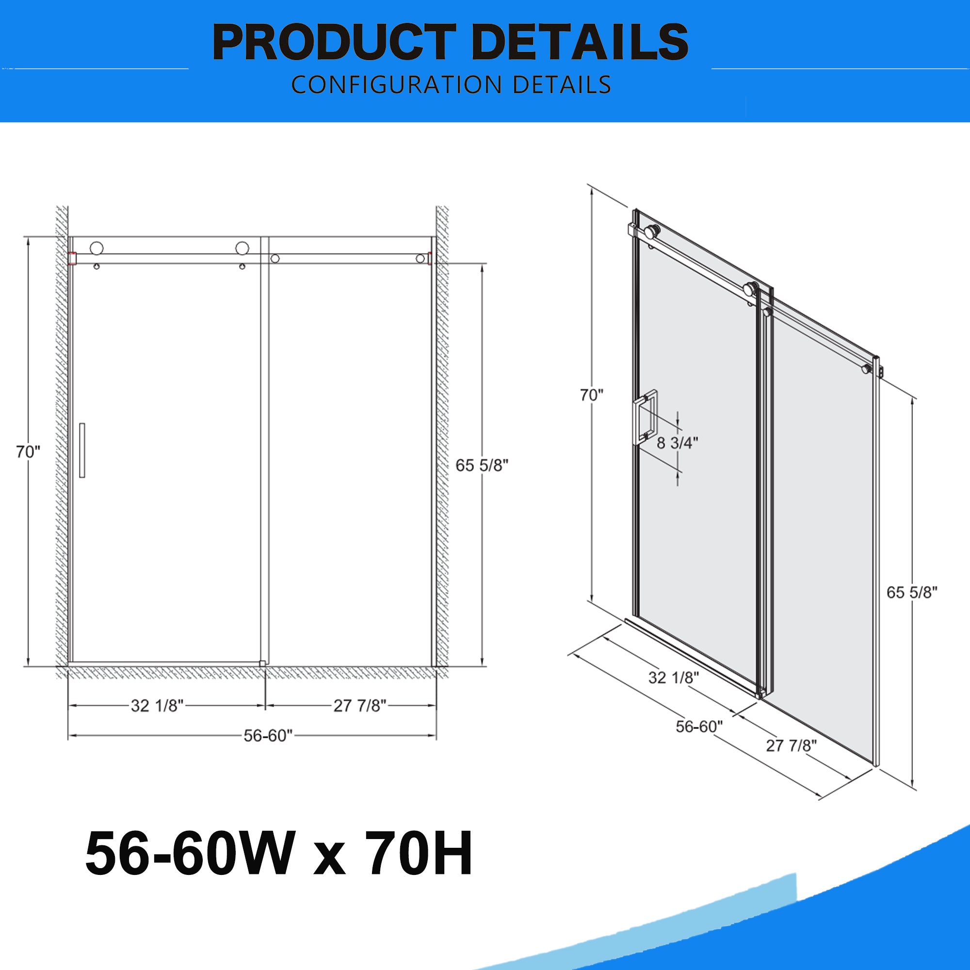 56"-60"W x 70"H Frameless Shower Door, Sliding Shower Door, with Premium 5/16"(8mm) Thick Tempered Glass Shower Enclosure,Double Side Easy Clean Coat,Matte Black Finished With Buffer