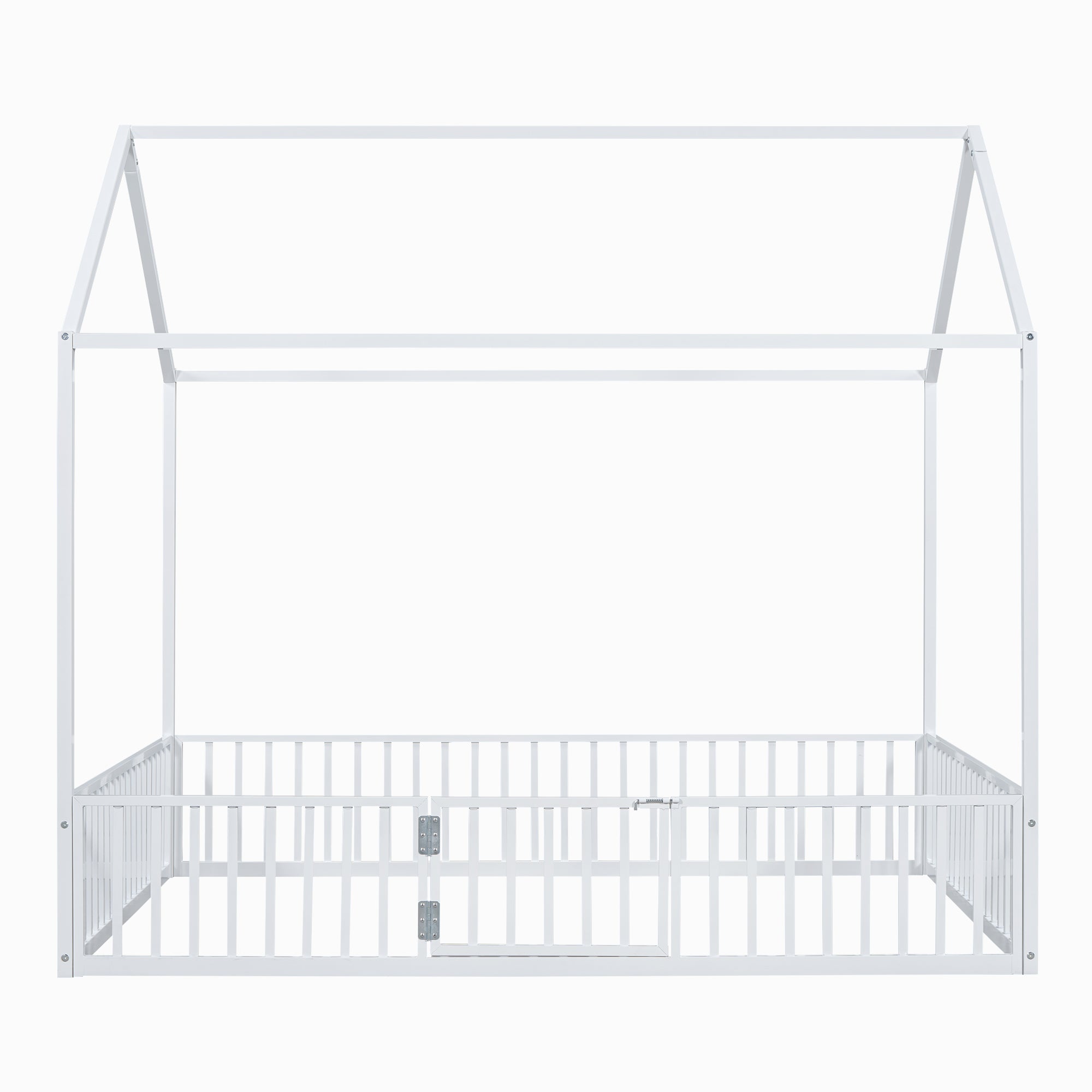 Full Size Metal House Bed with Fence and Door, White