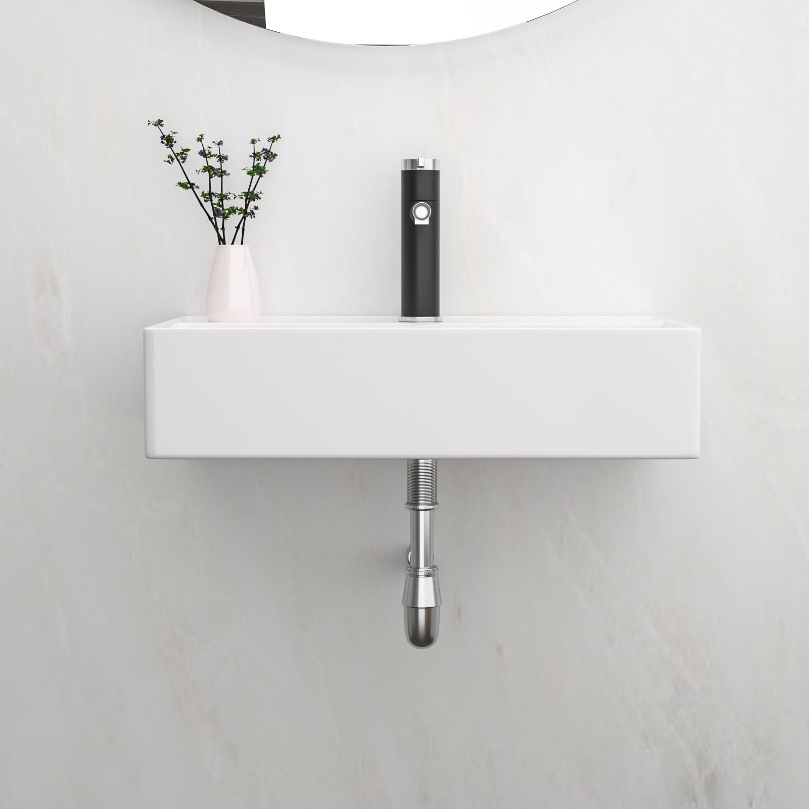 21x12 Inch White Ceramic Rectangle Wall Mount Bathroom Sink with Single Faucet Hole and Overflow