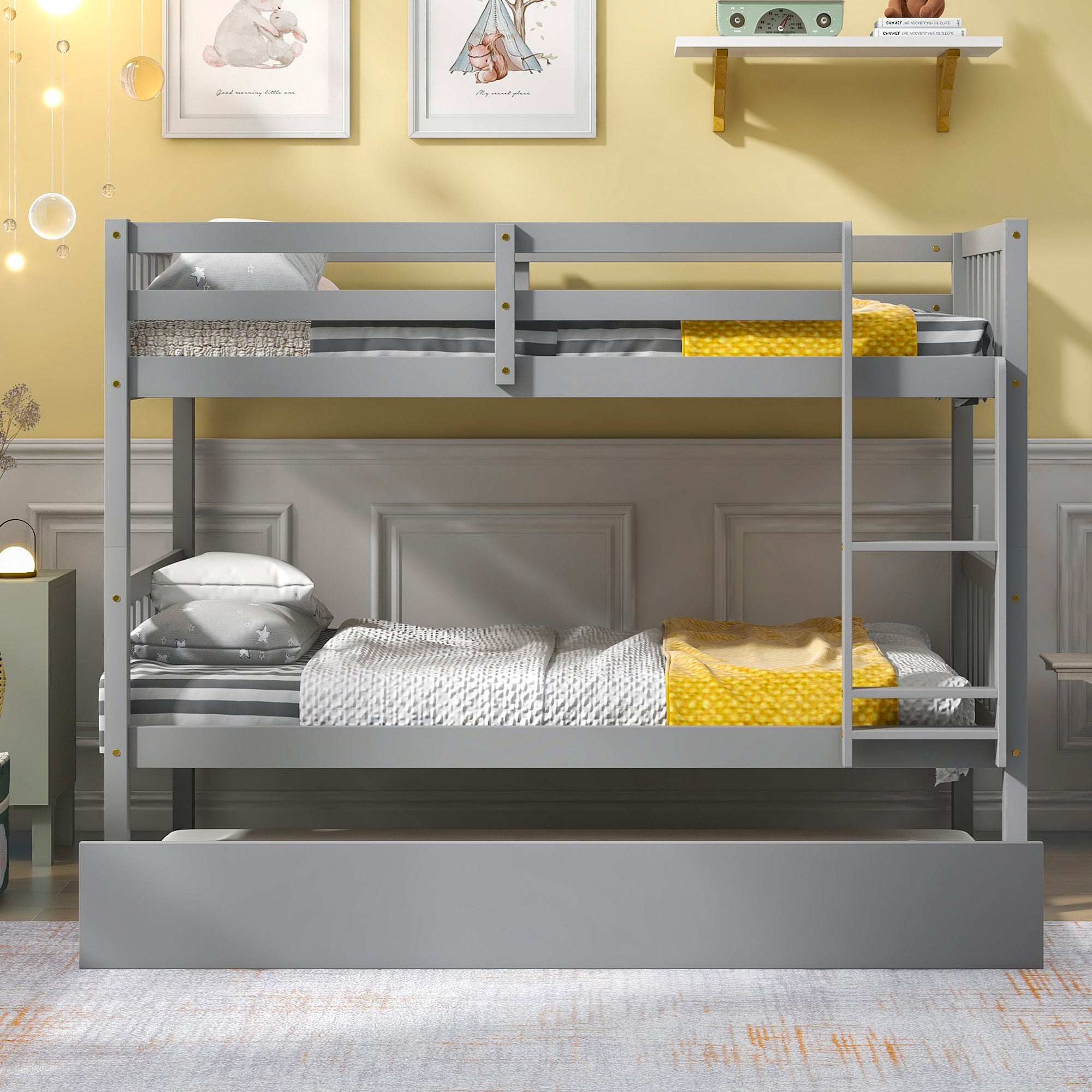 Twin Over Twin Bunk Beds with Trundle, Solid Wood Trundle Bed Frame with Safety Rail and Ladder, Kids/Teens Bedroom, Guest Room Furniture, Can Be converted into 2 Beds,Grey