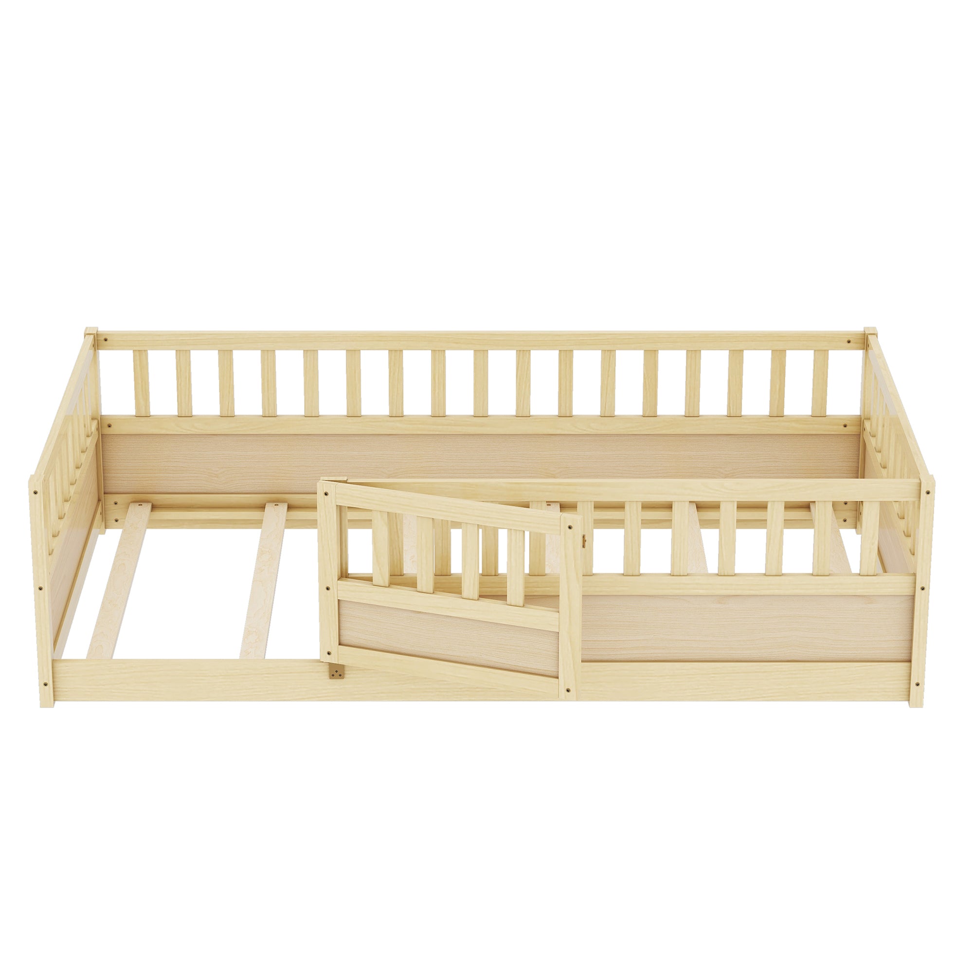 Twin Size Floor bed, integral construction with super high security barrier, door, children's floor bed frame, Montessori wooden children's floor bed, Support  slat Natural Wood