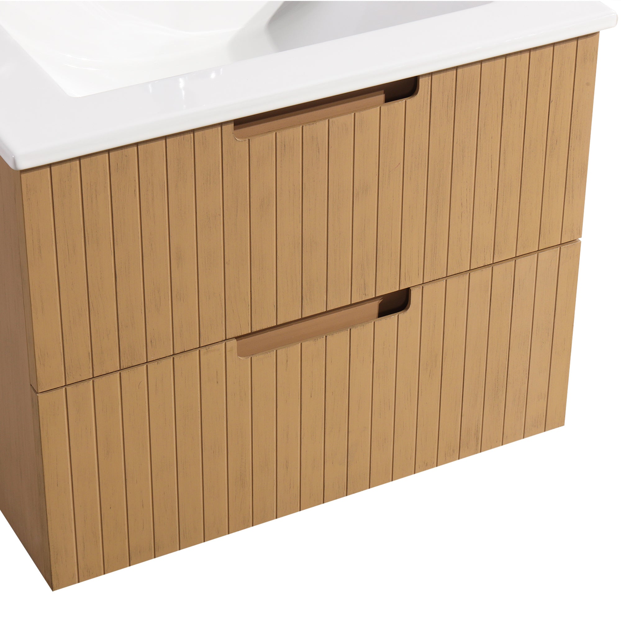 24 Inch Floating Bathroom Vanity with Ceramic Sink, Modern Bath Storage Cabinet Vanity with Drawers Wall Mounted Combo Set for Bathroom, Light Brown