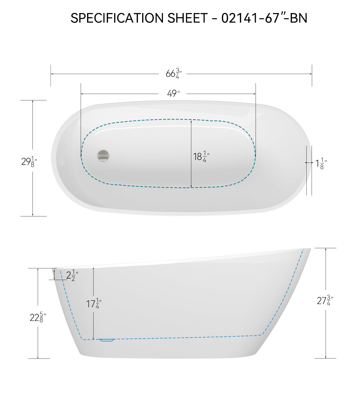 67'' Acrylic Freestanding Soaking Bathtub with Integrated Slotted Overflow and Brushed Nickel Toe-tap Drain, cUPC C ertified, 02141-BN