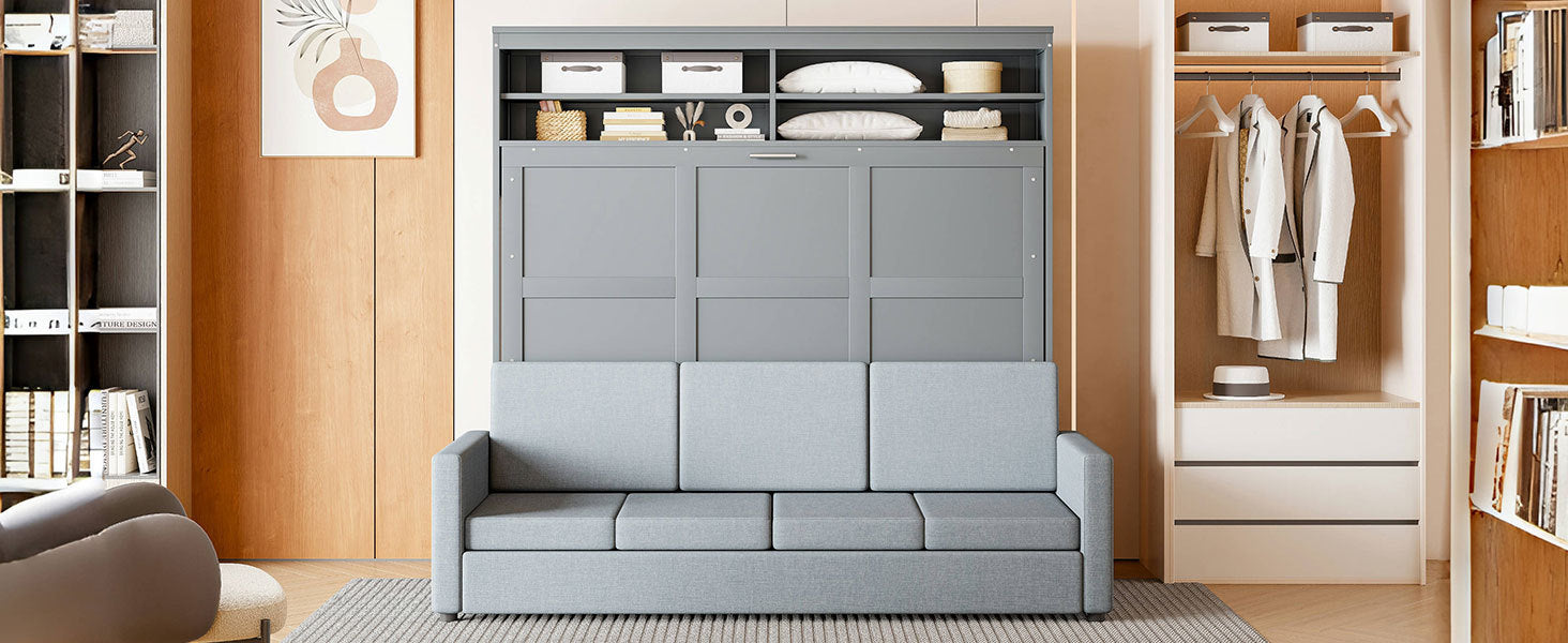 Queen Size Murphy Bed Wall Bed with Sofa,Gray