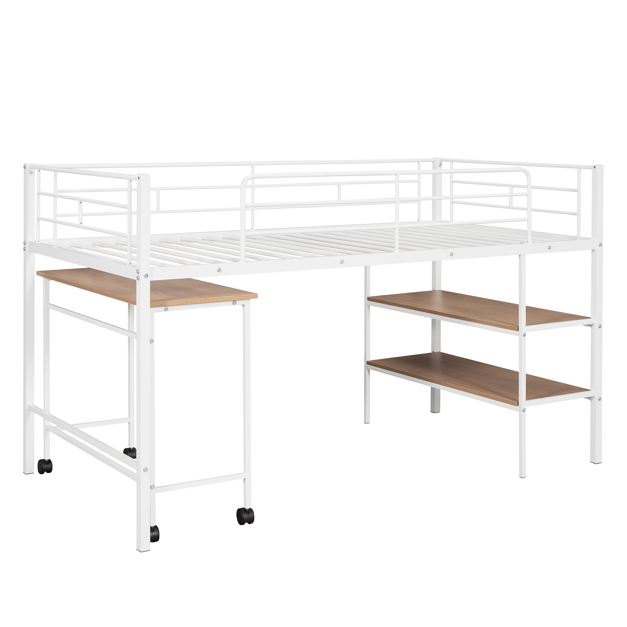 Twin Size Metal Loft Bed with Desk and Shelves,White