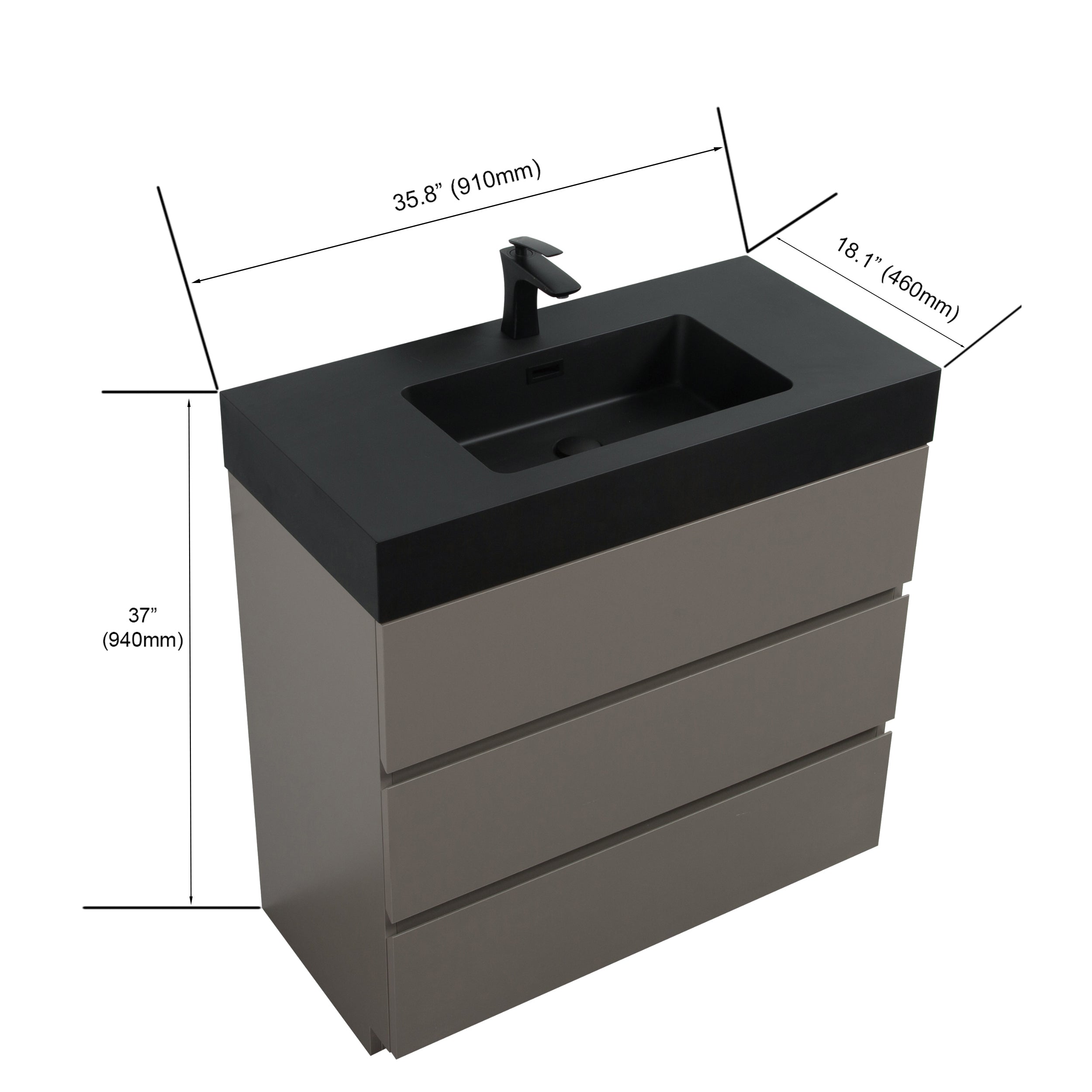 Alice 36" Gray Bathroom Vanity with Sink, Large Storage Freestanding Bathroom Vanity for Modern Bathroom, One-Piece Black Sink Basin without Drain and Faucet, Pre-assembled