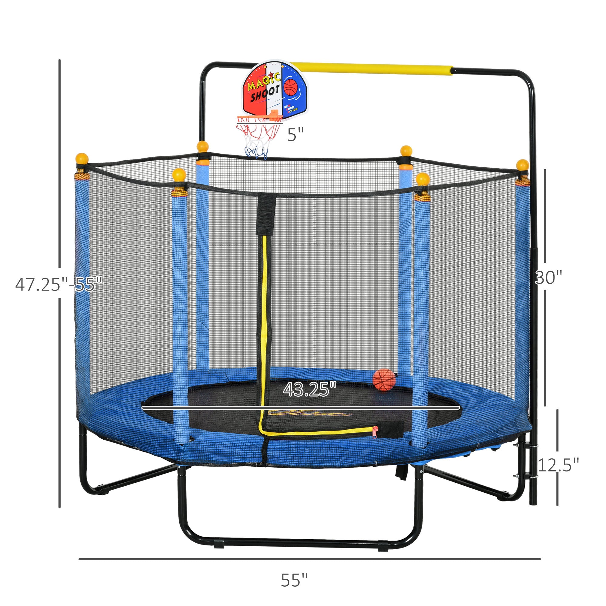 Qaba 4.6' Kids Trampoline with Basketball Hoop, Horizontal Bar, 55" Indoor Trampoline with Net, Small Springfree Trampoline Gifts for Kids Toys, Ages 3-10, Blue