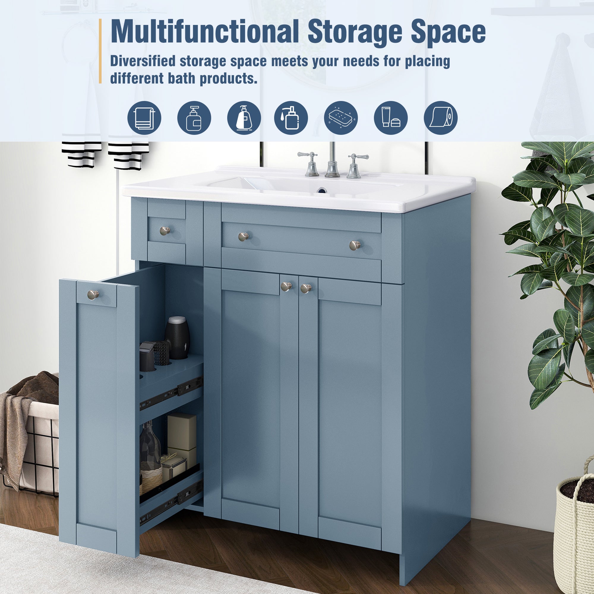 30-Inch Blue Bathroom Vanity with Ceramic Sink Combo, Abundant Storage Cabinet - 2 Soft close Doors and Double-tier Deep Drawer