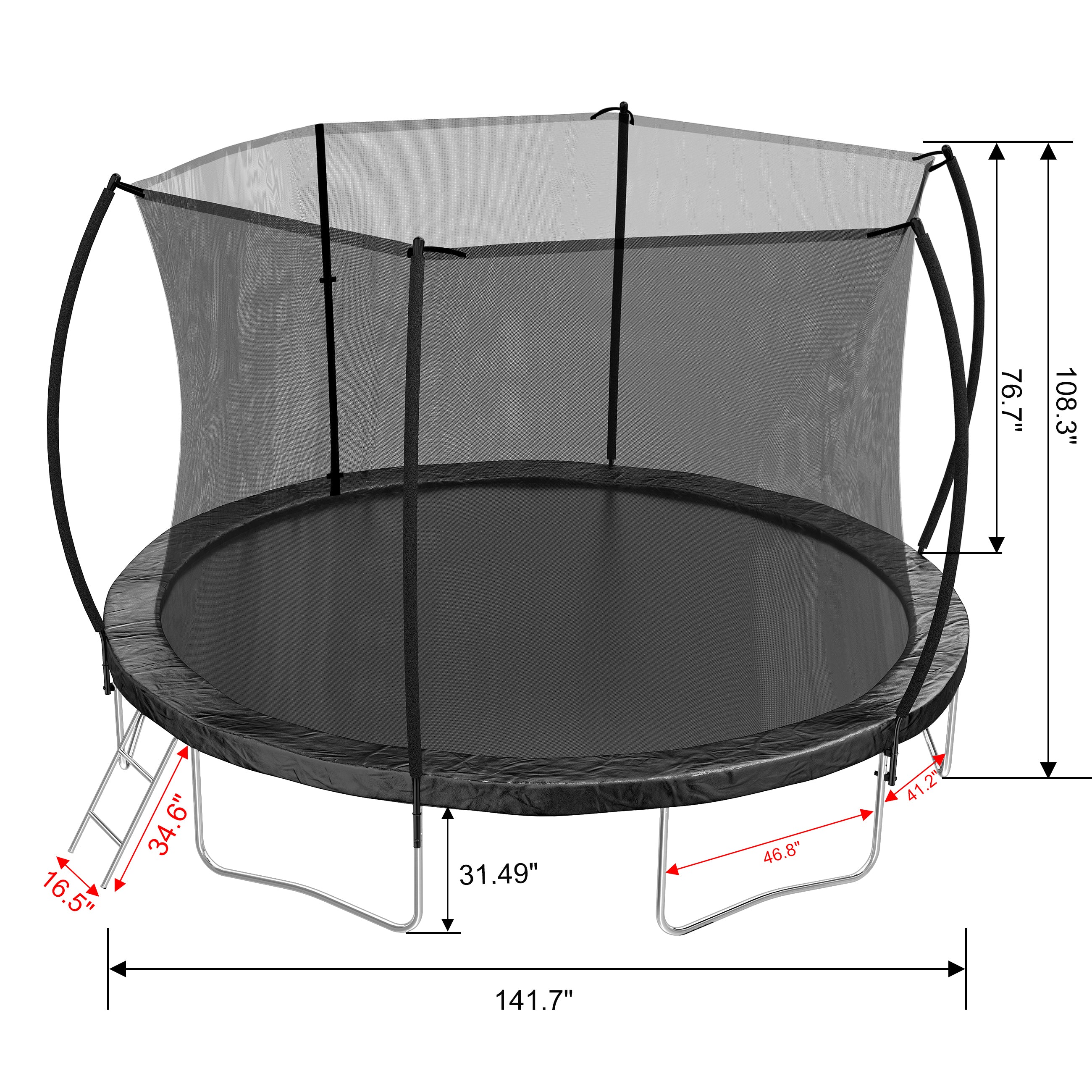 12FT Trampoline (Double-side color pad) ,  Trampoline for Kids and Adults with Enclosure Net and Ladder,Curved fence pole