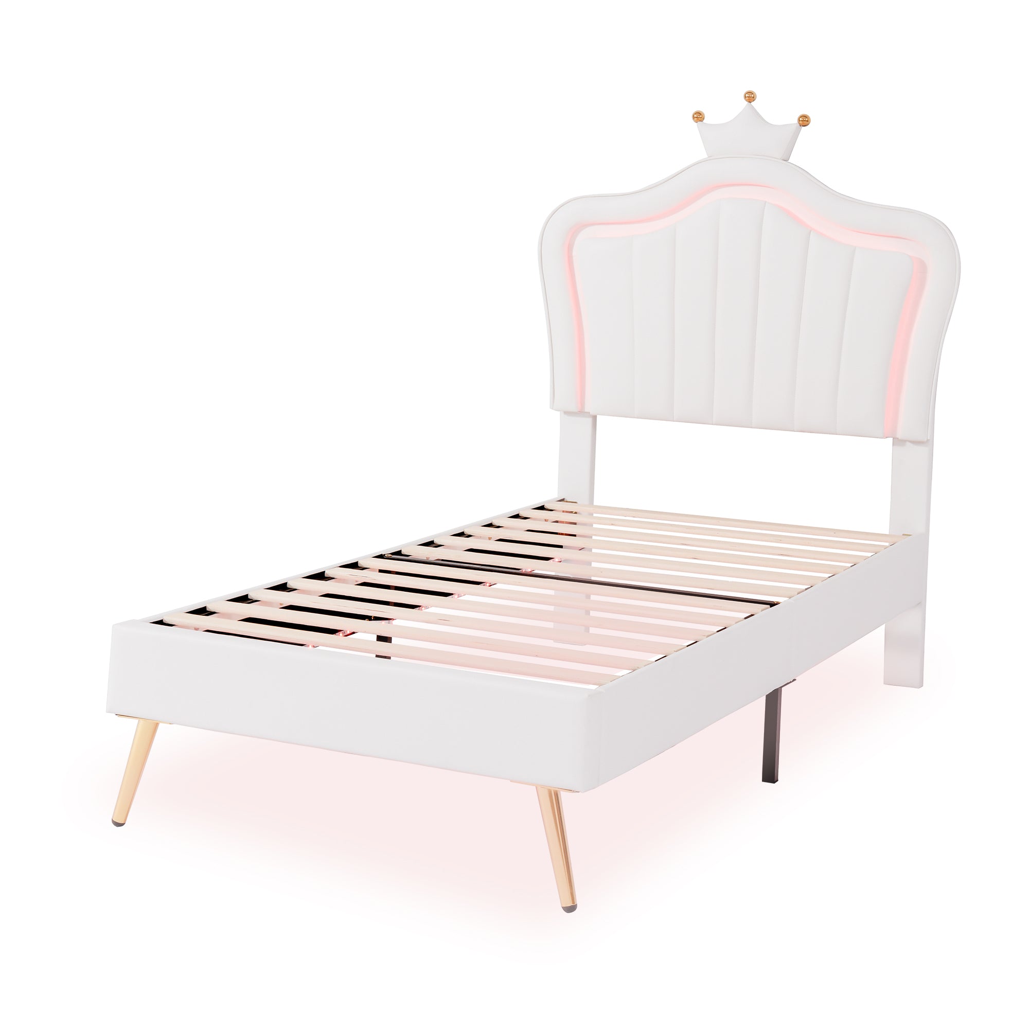 Twin Size Upholstered Bed Frame with LED Lights, Modern Upholstered Princess Bed With Crown Headboard,White