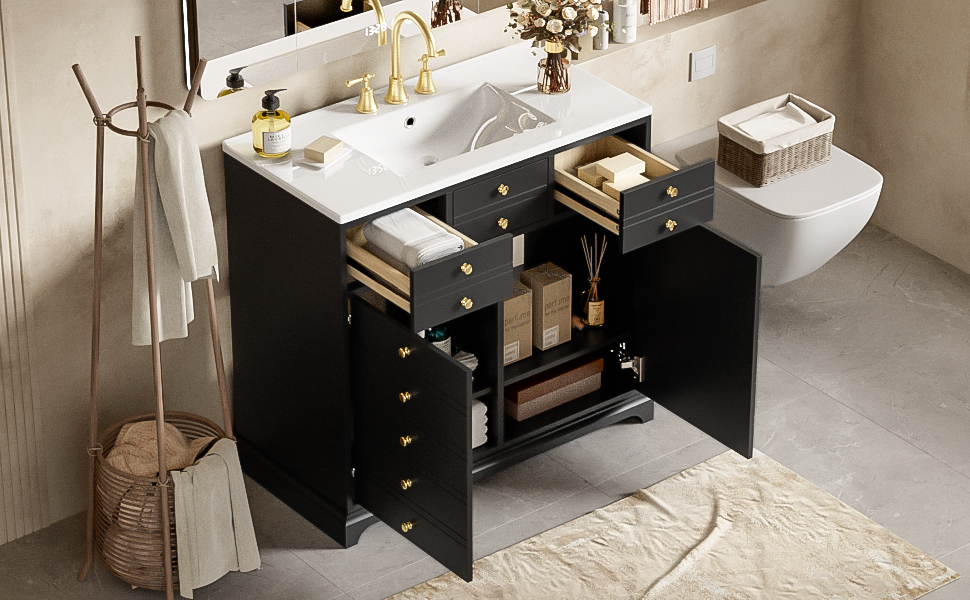 36'' Bathroom Vanity with Ceramic Sink Combo, Solid Wood Frame Bathroom Storage Cabinet, Freestanding Vanity Set with 2 Drawers& Soft Closing Doors, Black