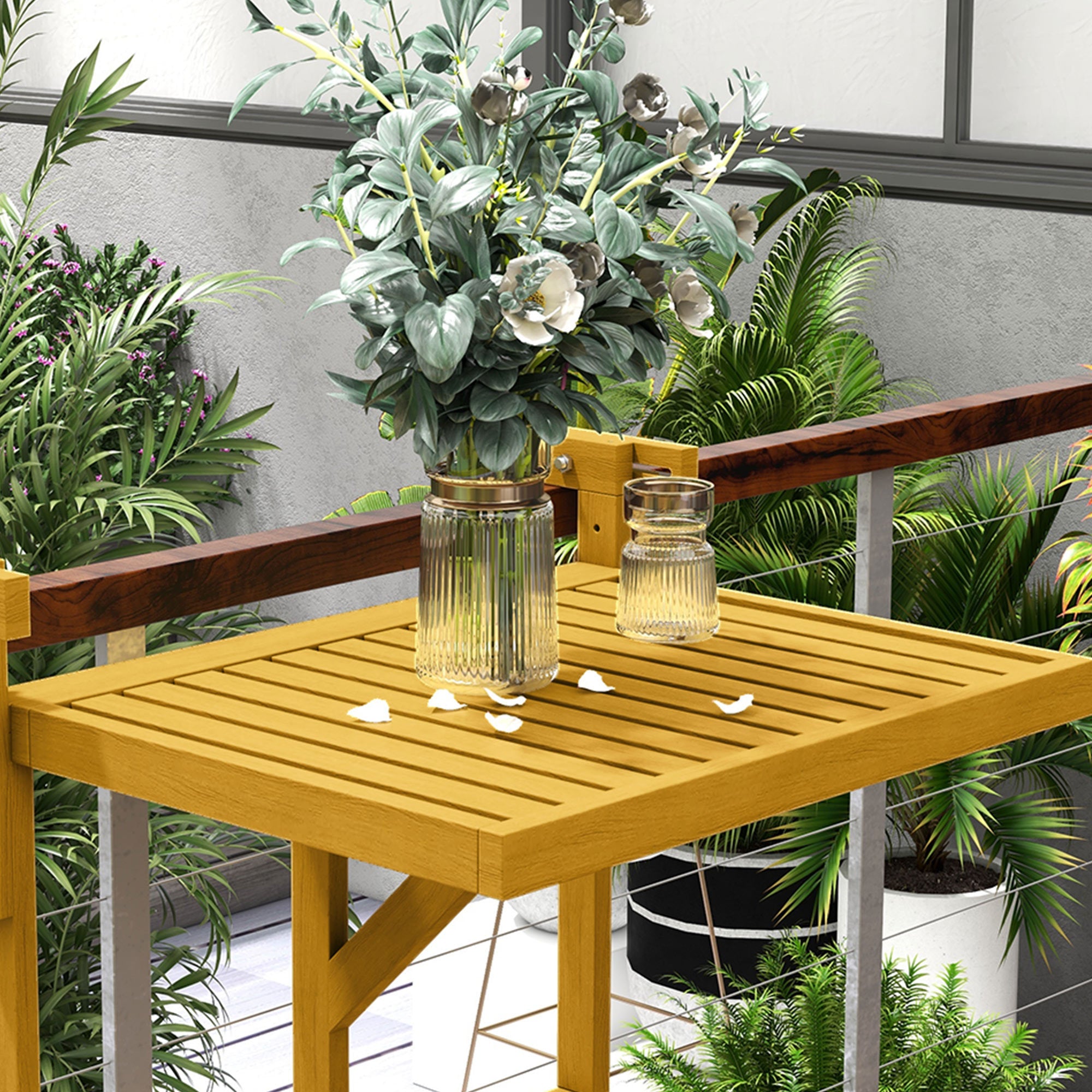 Outsunny Balcony Railing Table, Outdoor Folding Hanging Table / Desk, Space Saving 4 Height Adjustable Wood Balcony Bar Table for Serving Food, Flower Stand, Studying, Natural