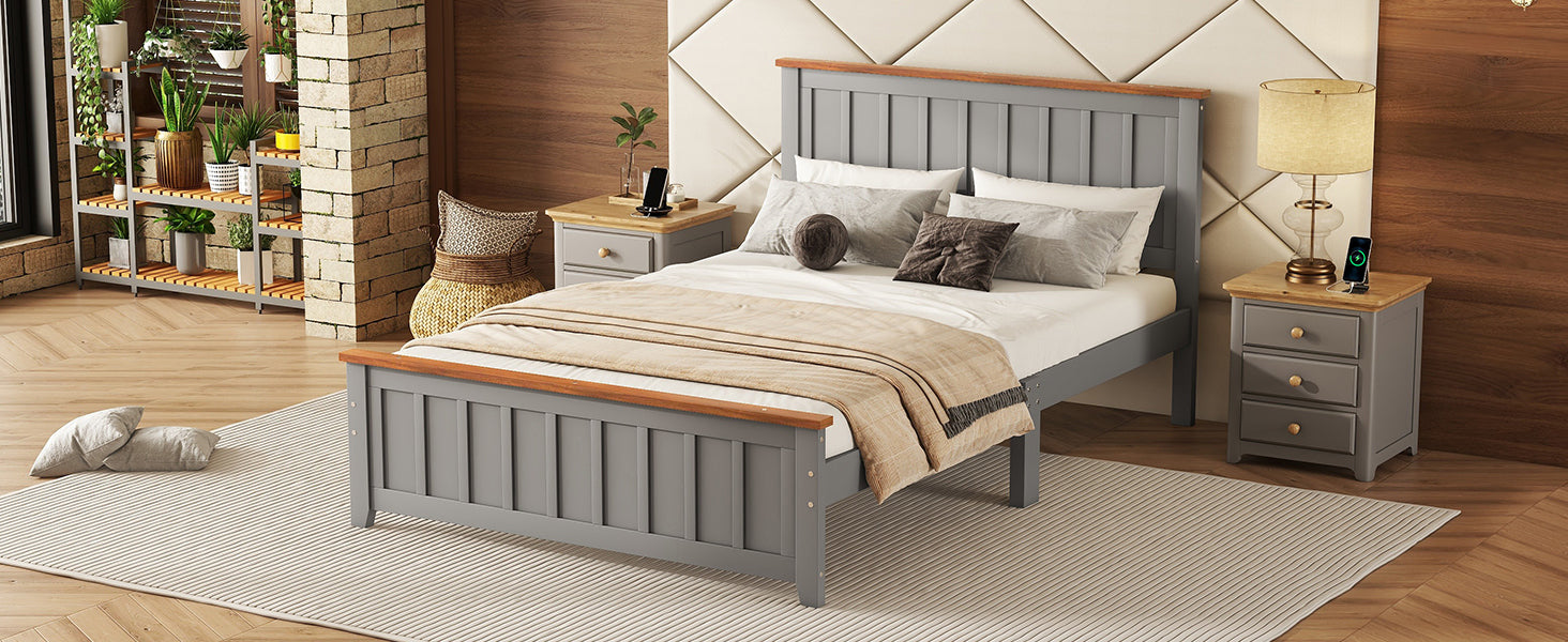 Full Size Wood Platform Bed Wooden Slat Support, Vintage Simple Bed Frame with Rectangular Headboard and Footboard, Grey