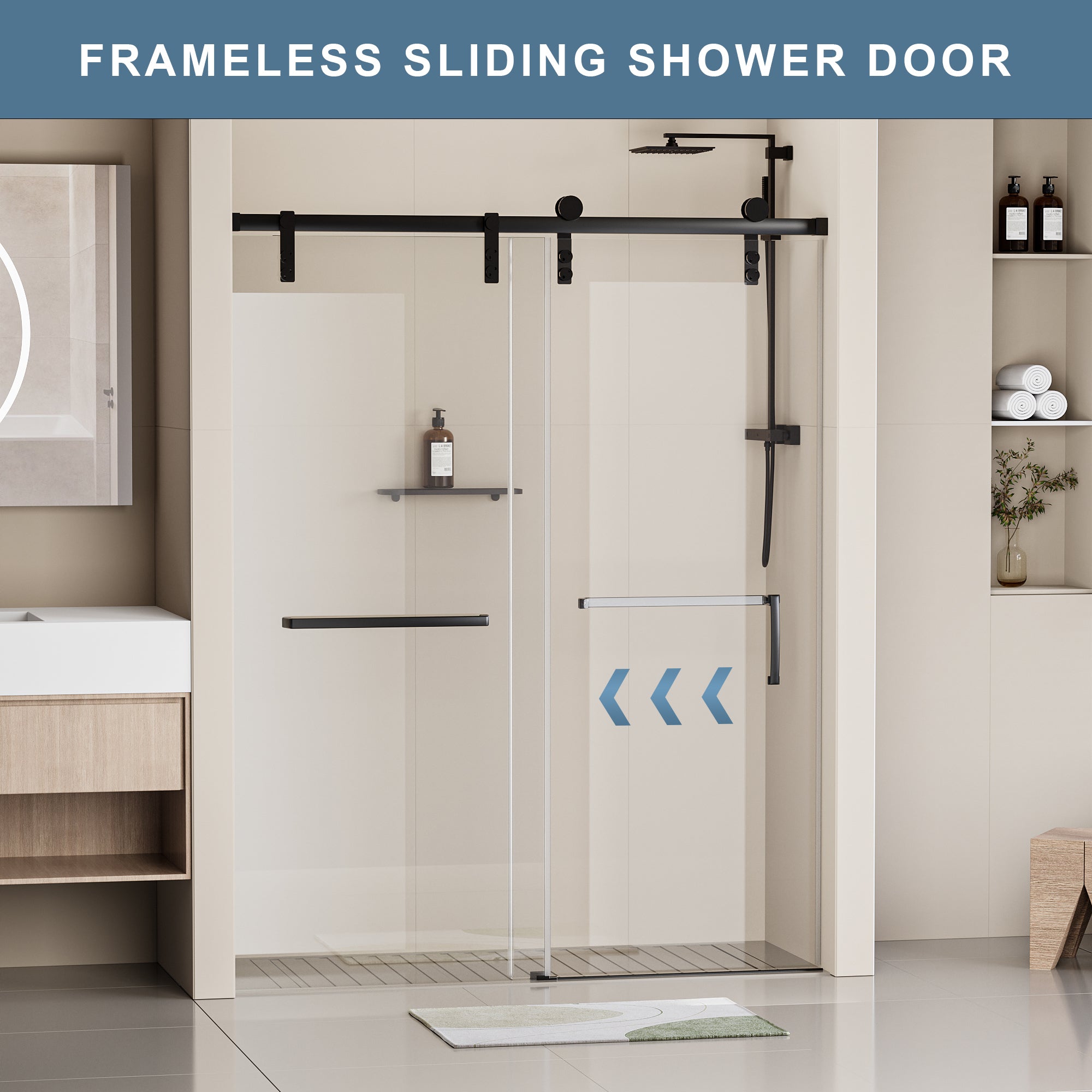 60"W x 76"H Frameless Soft-closing Shower Door, Single Sliding Shower Door, 5/16" (8mm) Clear Tempered Glass with Explosion-Proof Film, Stainless Steel Hardware, Matte Black 24D211-60MB-COMBO