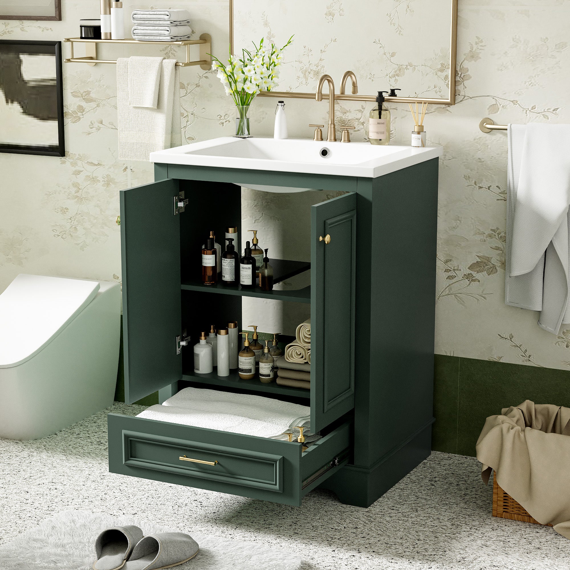 24-inch bathroom vanity with ceramic sink, angled view showing storage cabinet