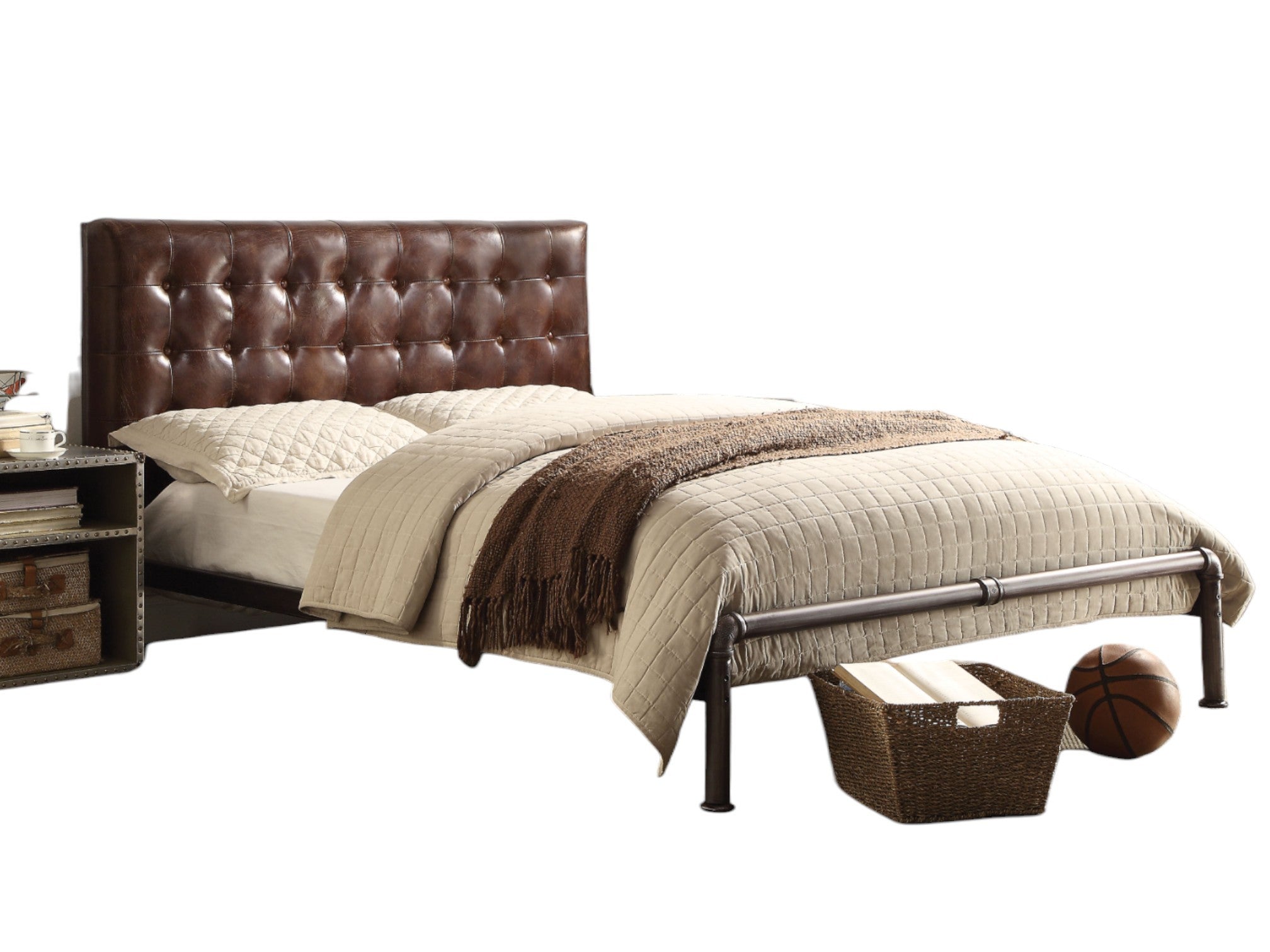 ACME Brancaster Queen Bed in Vintage Brown Top Grain Leather 26210Q