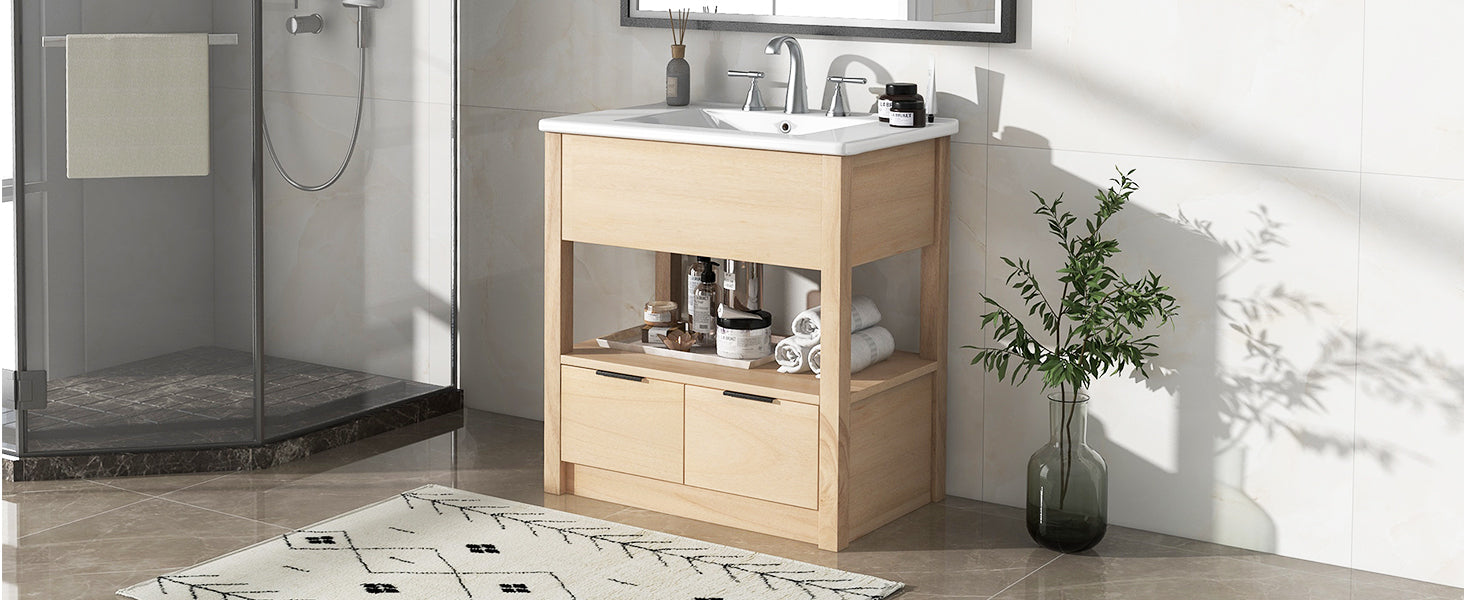 30" Bathroom Vanity with Sink Top, Bathroom Cabinet with Open Storage Shelf and Two Drawers, One Package, Natural (Old Sku:WF311619AAD)