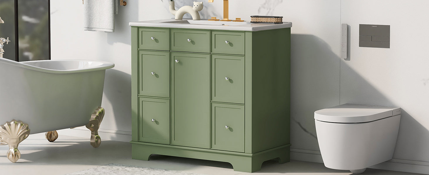 36" Bathroom Vanity with Sink, One Cabinet with Three drawers and One Flip Drawer, Solid Wood and MDF Board, Green