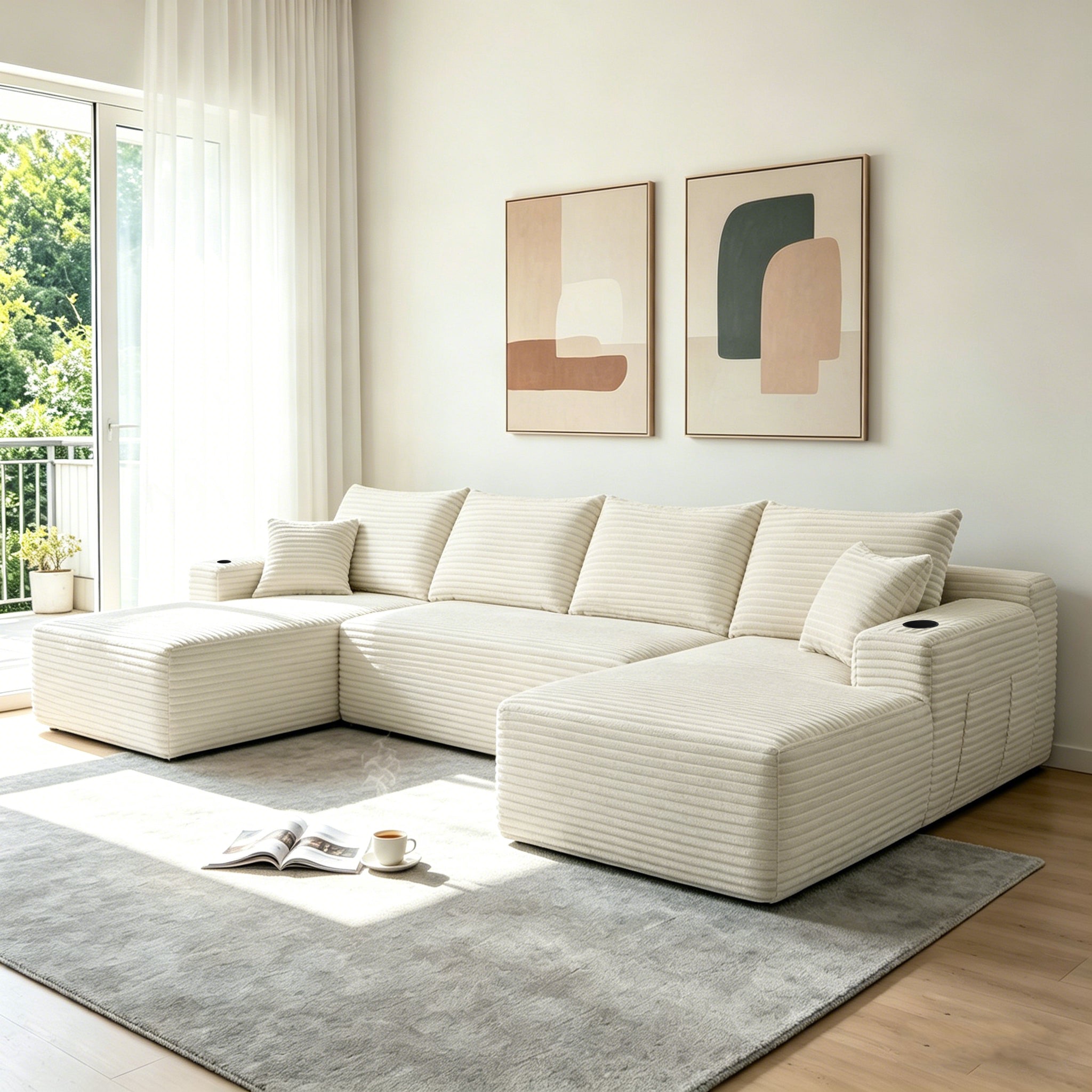 Beige modular sectional sofa, deep plush seating, side view